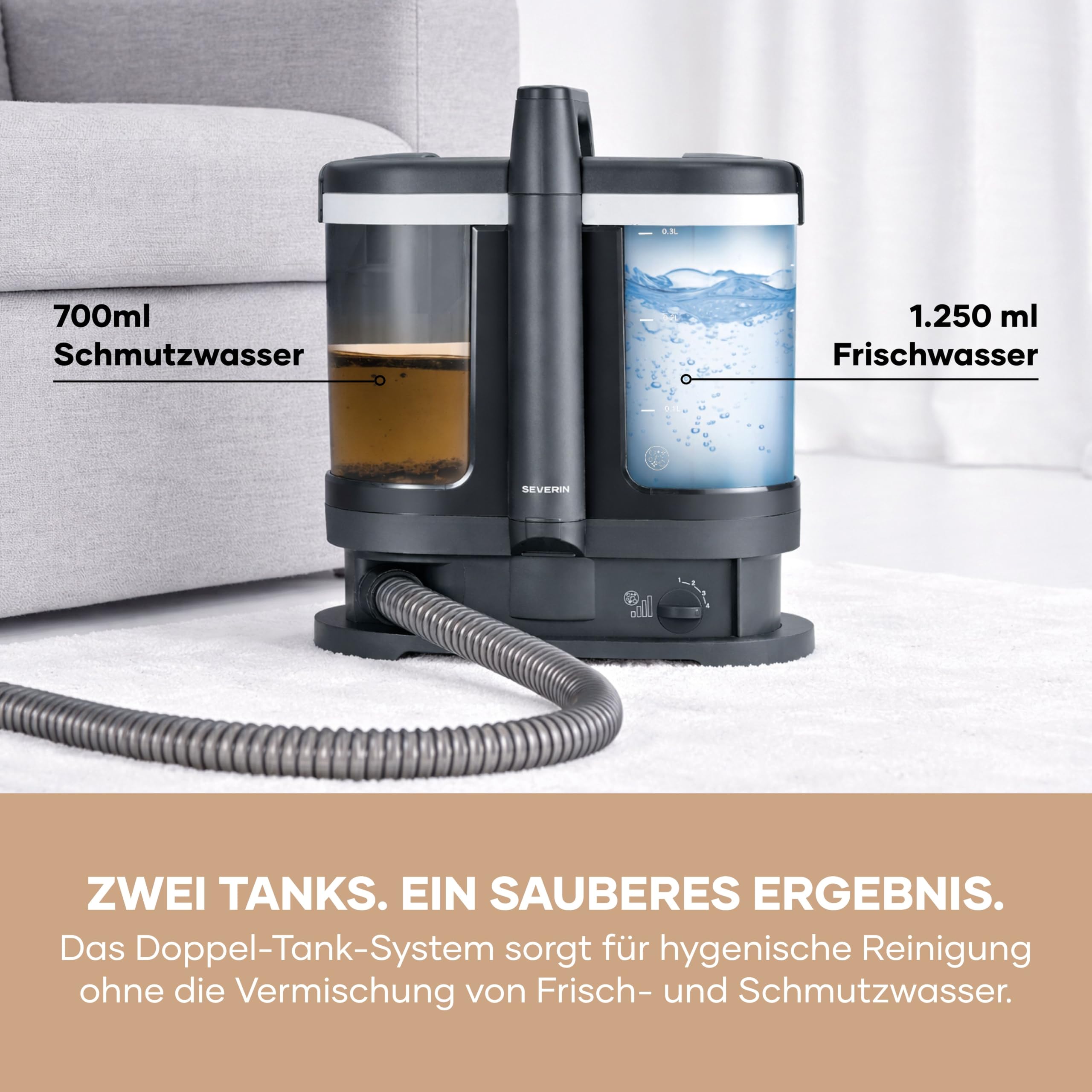Severin Polsterreiniger, für Teppich, Polster, Autositze & Sofa, 2-Tank-Nasssauger, Waschsauger, Teppich-Reiniger, Frischwassertank: 1,25L, S-Power, 450W, anthrazit, schwarz, SC 7188