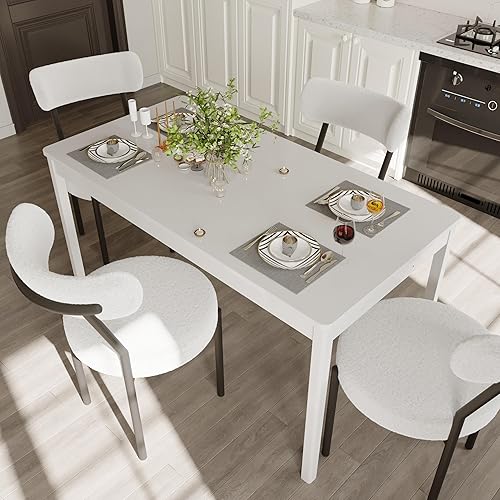 Miniatura 5 de Juego de 5 mesas de comedor rectangulares modernas de interior para 4, mesa de madera maciza y 4 sillas Boucle para cocina, bar, sala de estar,