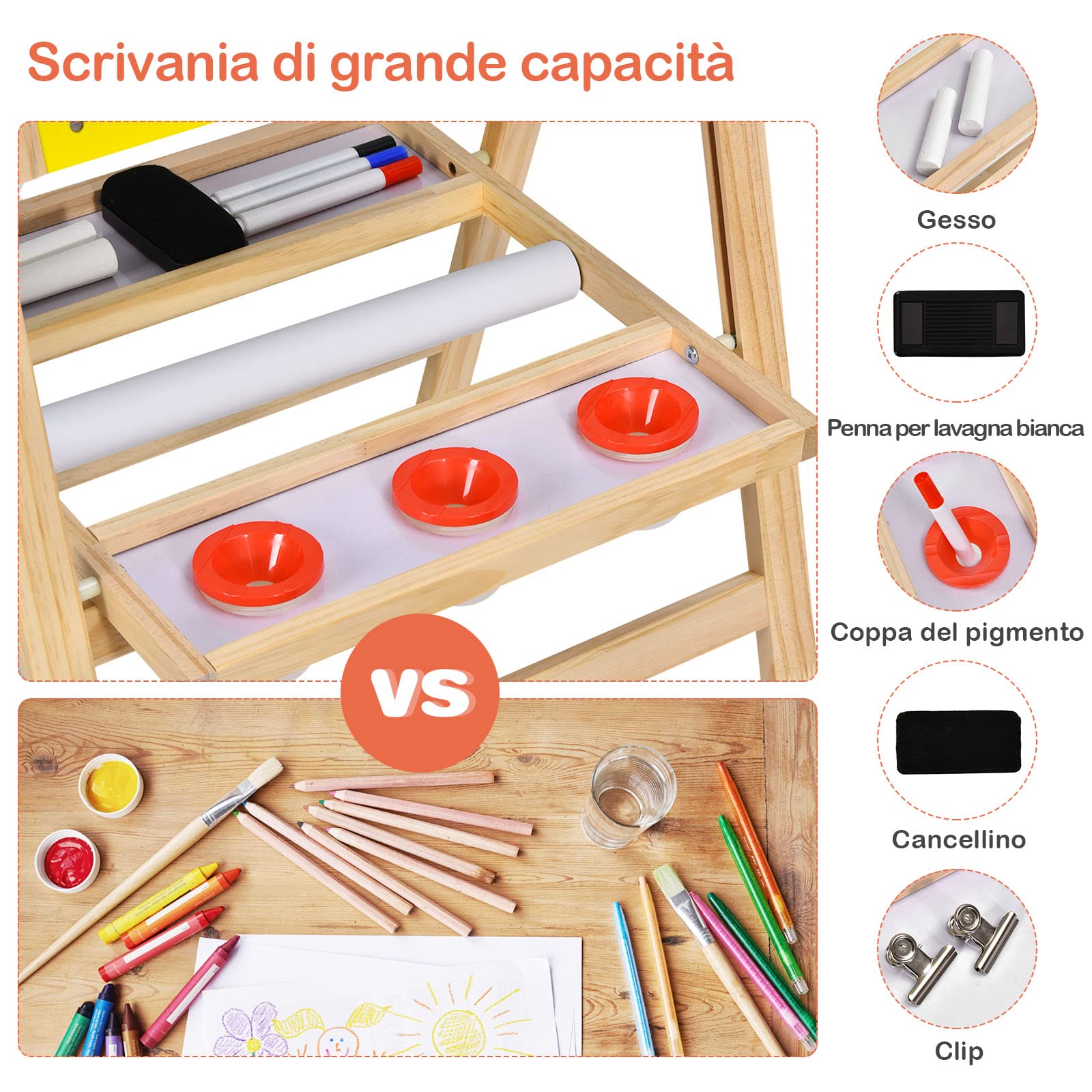 COSTWAY 3 in 1 Lavagna Magnetica per Bambini, Cavalletto da Pittura Pieghevole con Accessori, Altezza Regolabile e Bifacciale, con Vassoio, 50,5x53,5x79-104cm (Giallo)