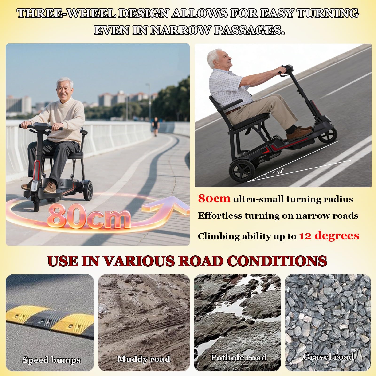 Scooter De Movilidad De 3 Ruedas,Scooter De Movilidad Plegable,Con Baterías Extraíbles Dobles, Capacidad De Peso De 136 Kg/299 Lbs,Para Personas Mayores 6.6AH*2