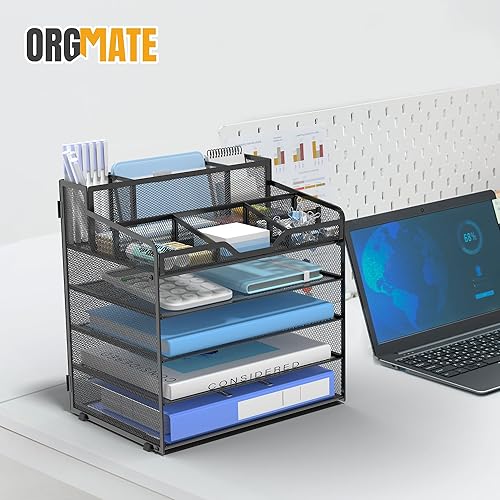 Miniatura 7 de Organizador de escritorio de malla de 5 niveles, bandeja de papel multifuncional con 3 soportes para bolígrafos y 5 compartimentos de almacenamiento