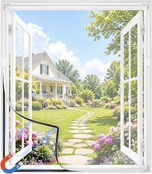 Magnetic Fly Window Screen, 51" x 59" DIY Adjustable Window Screen Replacement, Fiberglass Mesh, Strong Magnetic Strip for Mosquito & Bug Protection White Frame with White Mesh