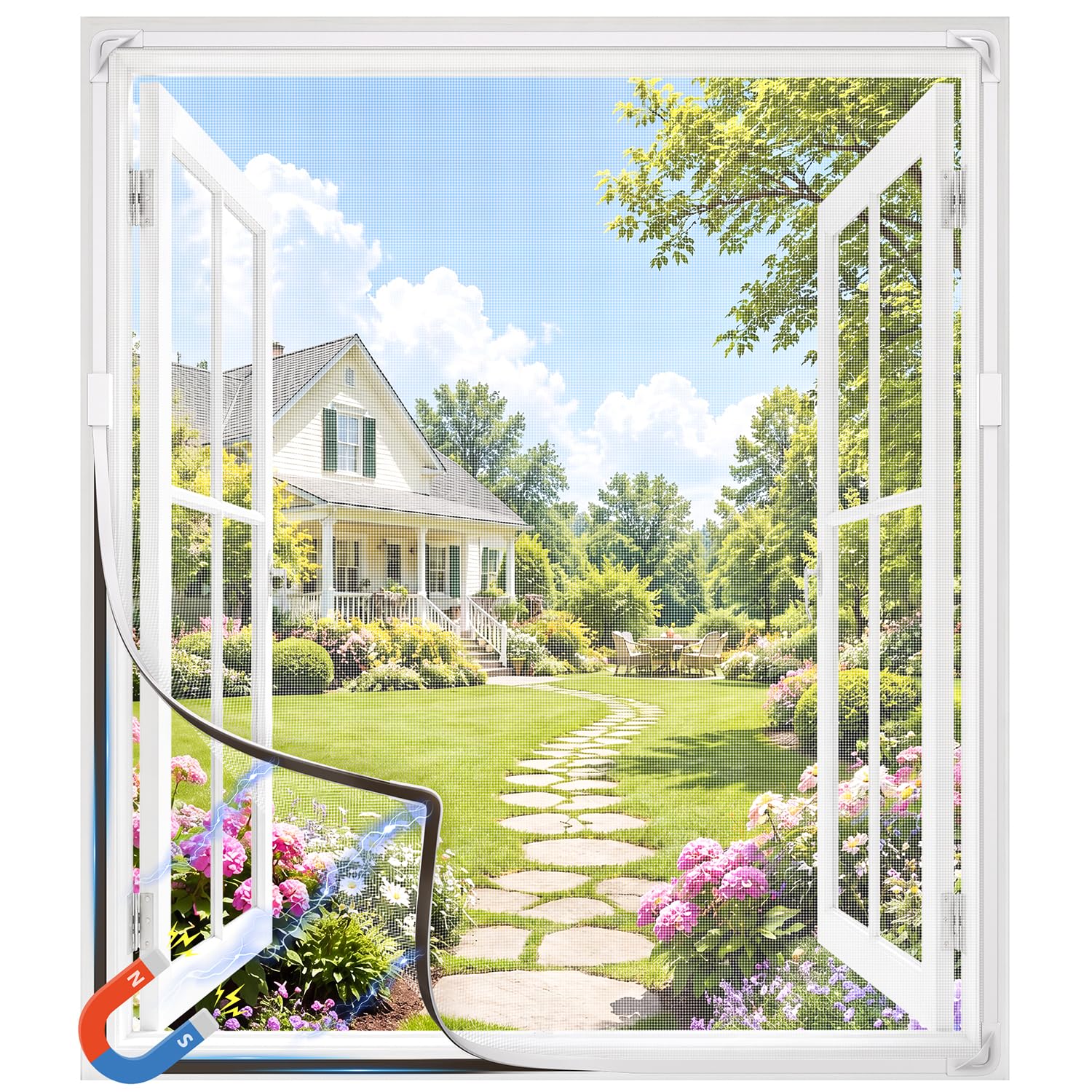 Qmioti Magnetic Fly Screen Window, 130x150cm Adjustable Window Screen with Full Frame Magnetic Strip, DIY Fiberglass Mesh to Keep Fly/Mosquito Out, Easy Install (White Frame White Mesh)