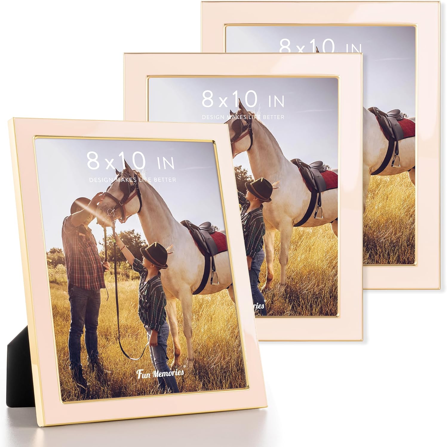 Fun Memories 8x10 Picture Frame - 3pcs Pink Enamel Glass Photo Frame with Gold Metal Edge & Easel for Display Picture Frame on Countertops, Tabletops, Bookshelves, Desks, Walls (Pink/Gold)