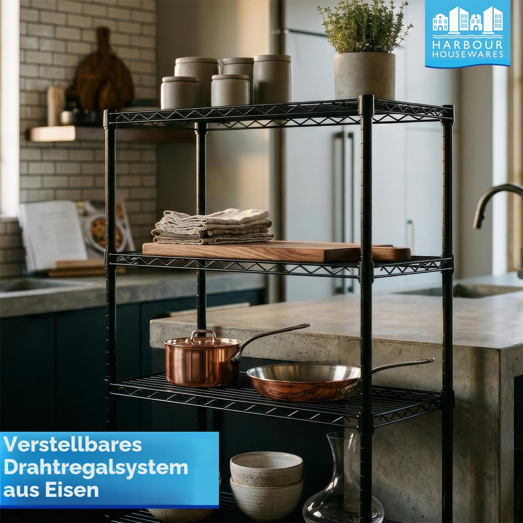 Harbour Housewares 6. Ebene Verstellbares Drahtregal - Schwarz - 1x Stehen Metall 6 Regal Küche Garage Badezimmer Bücherregal Lagerung Gestell