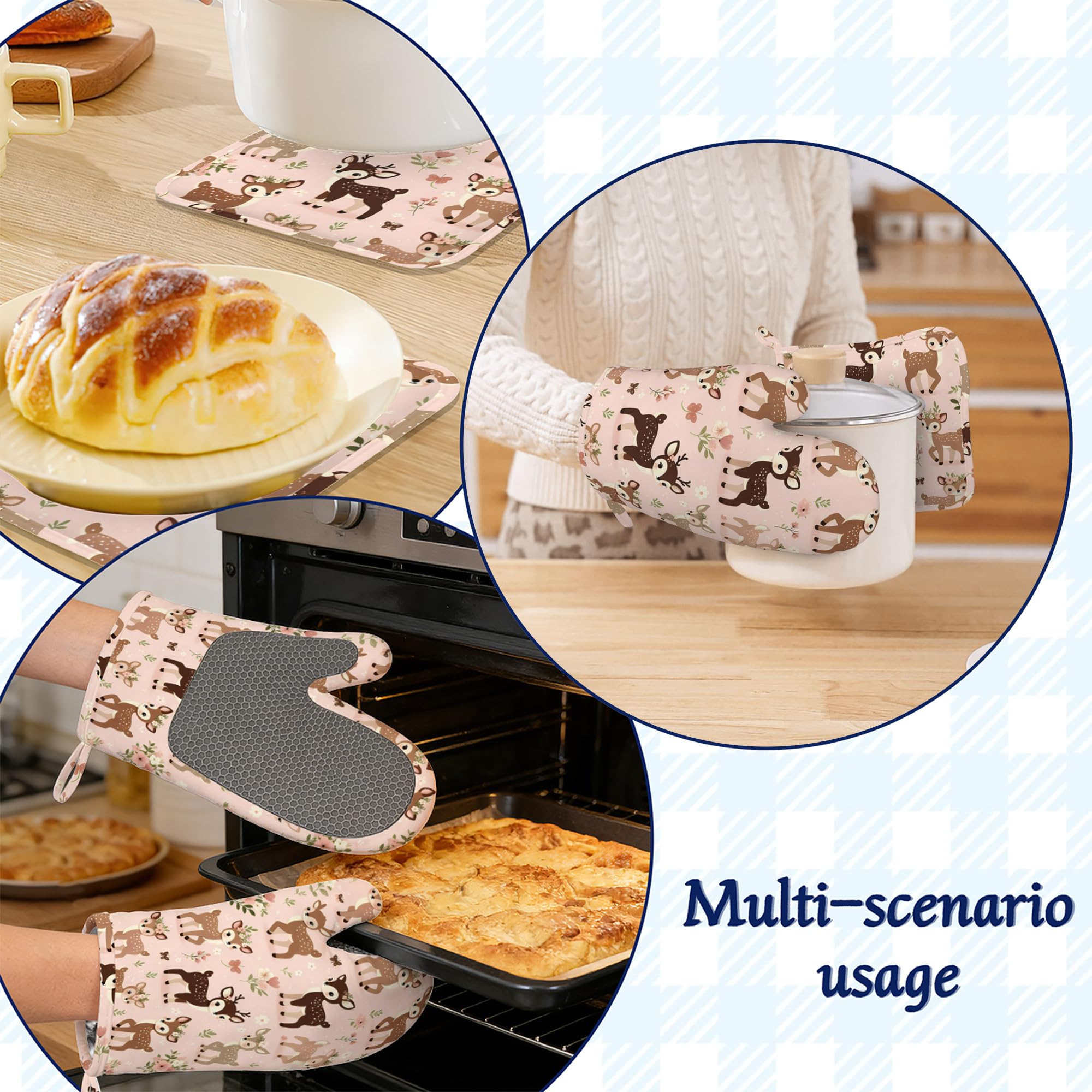 Juego de agarraderas y manoplas de horno con diseño de ciervos y flores, de silicona, resistentes al calor, almohadillas calientes, antideslizantes, para cocina, chef, cocina, hornear, parrilla