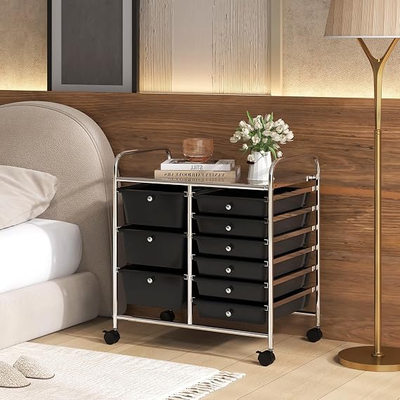 LDAILY 9 Drawer Rolling Storage Cart, Rolling Cart with Drawers for Classroom, Art Supply Craft Organizer on Wheel with Metal Frame & Handles for Home Office School