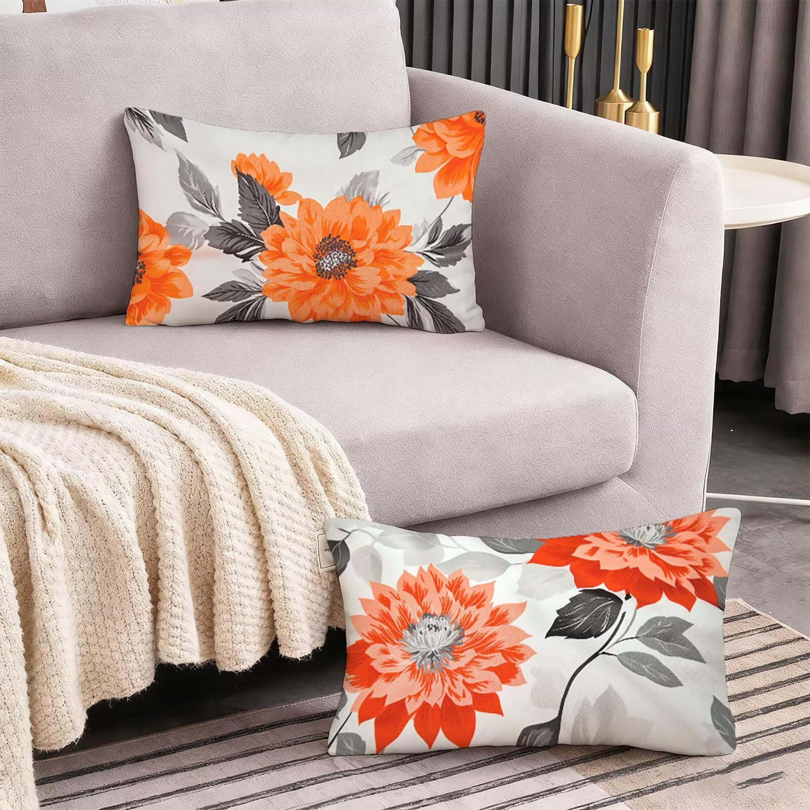 Pomarańczowe poszewki na poduszki 70 x 90 cm, 2 szt., kwiaty, na zewnątrz, wodoodporne, lniane, z niewidocznym zamkiem błyskawicznym, miękkie, wygodne, trwałe, na łóżko, sofę, idealna dekoracja domu