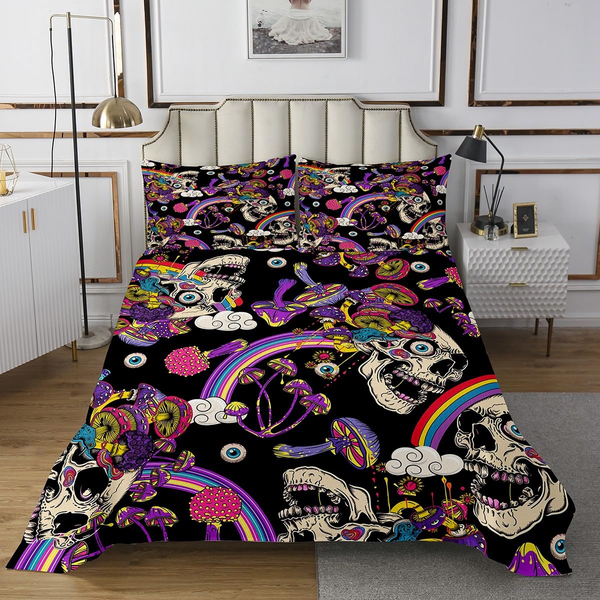 Skull Skeleton Coverlet Set Chic Watercolor Rainbow Mushroom Quilted Coverlet 70s Groovy Hippie Comforter Set Bedspreads Quilt Set for Children Kids Coverlet Set,Twin Size 2 Pcs