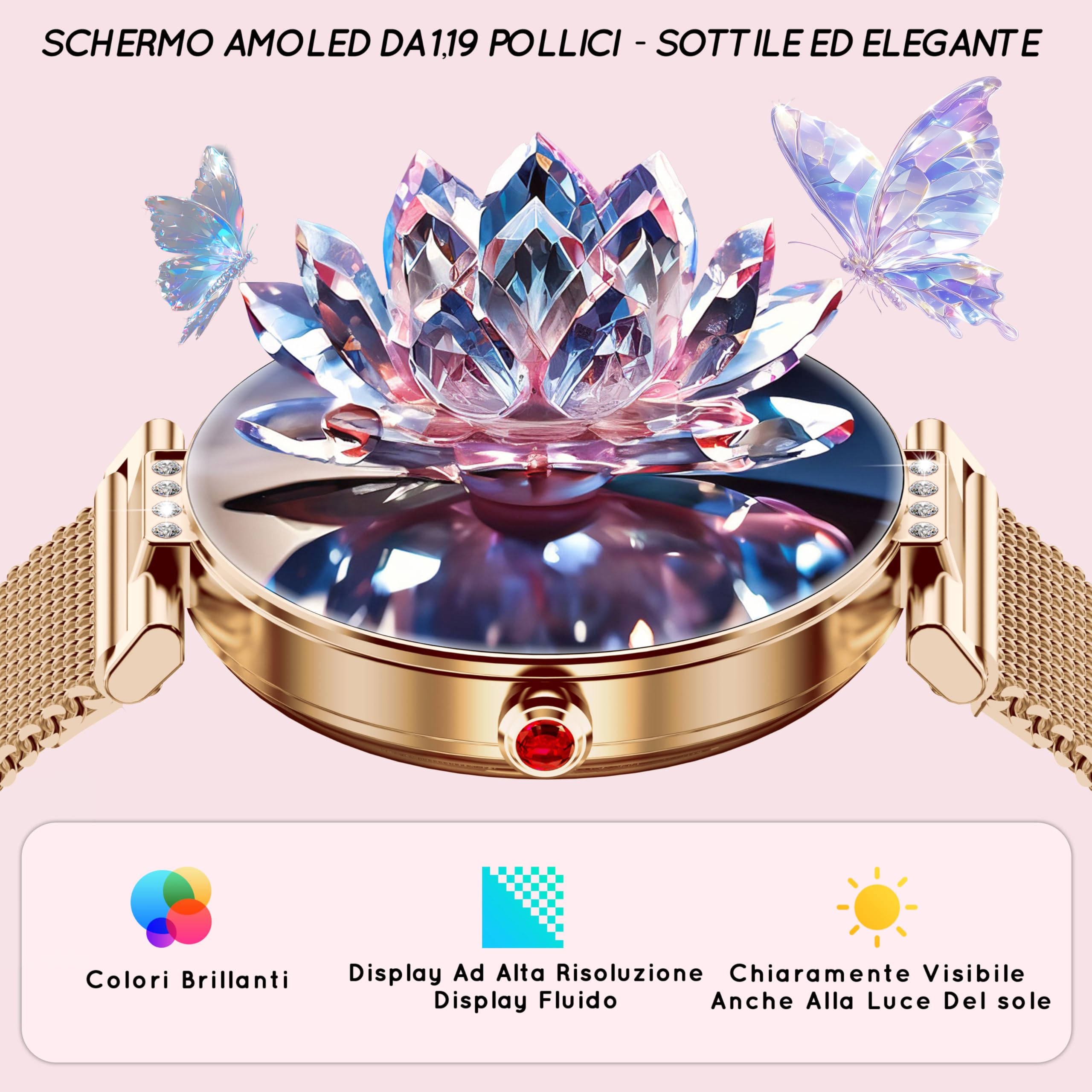 Smartwatch Donna 1.19'' AMOLDE Orologio Intelligente Donna con Chiamate Bluetooth/Notifiche WhatsApp/Sonno SpO2 Frequenza Cardiaca, 120+ Modalità Sportive Contapassi Smartwatch, Oro Rosa/3 Cinturino