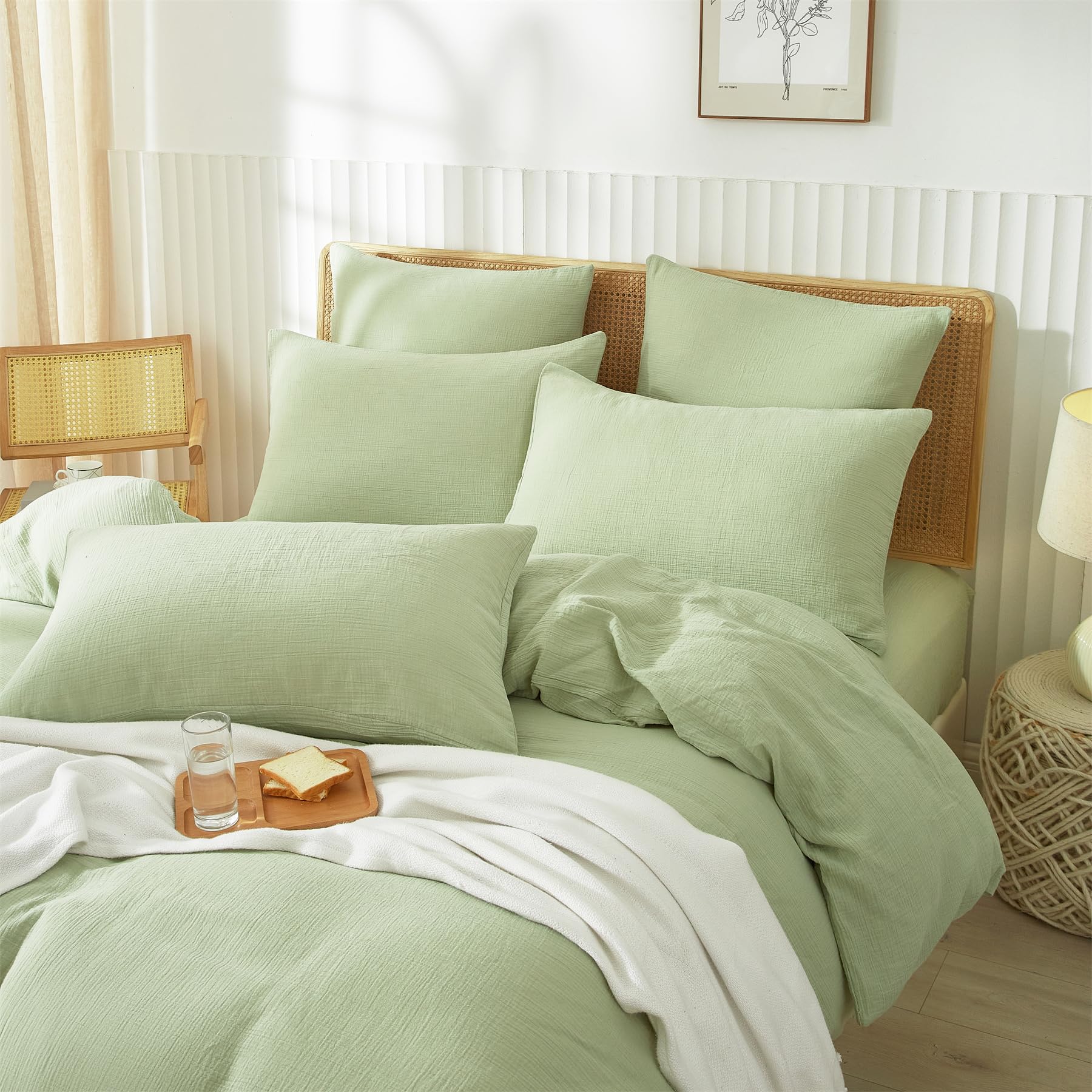YASMENG Double Muslin Bed Linen, 200 x 200 cm, Green Muslin Bed Linen, 100% Cotton Bed Linen, Soft, Breathable, Cuddly Bed Linen, 3-Piece with Zip and 2 Pillowcases 80 x 80 cm
