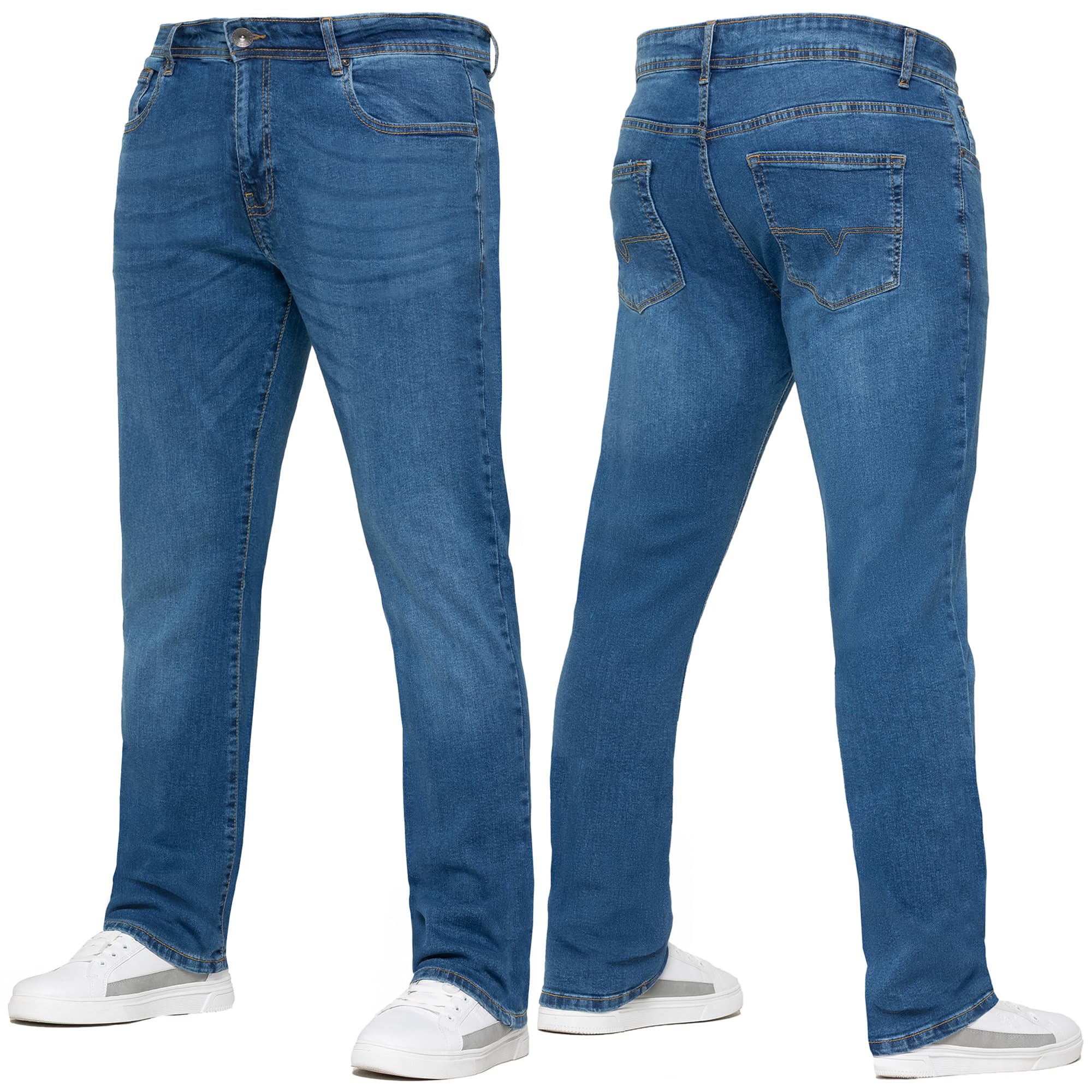 989Zé ENZO Mens Stretch Straight Leg Regular Fit Casual Cotton Classic 5 Pocket Basic Zipper Denim Jeans KZ127 Blue 34W / 34L