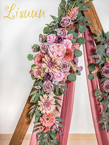 Miniatura 10 de Lisuun Flores de arco de boda, flores artificiales para decoración, 2 guirnaldas de flores y 1 guirnalda de mesa de gasa semitransparente para lujo