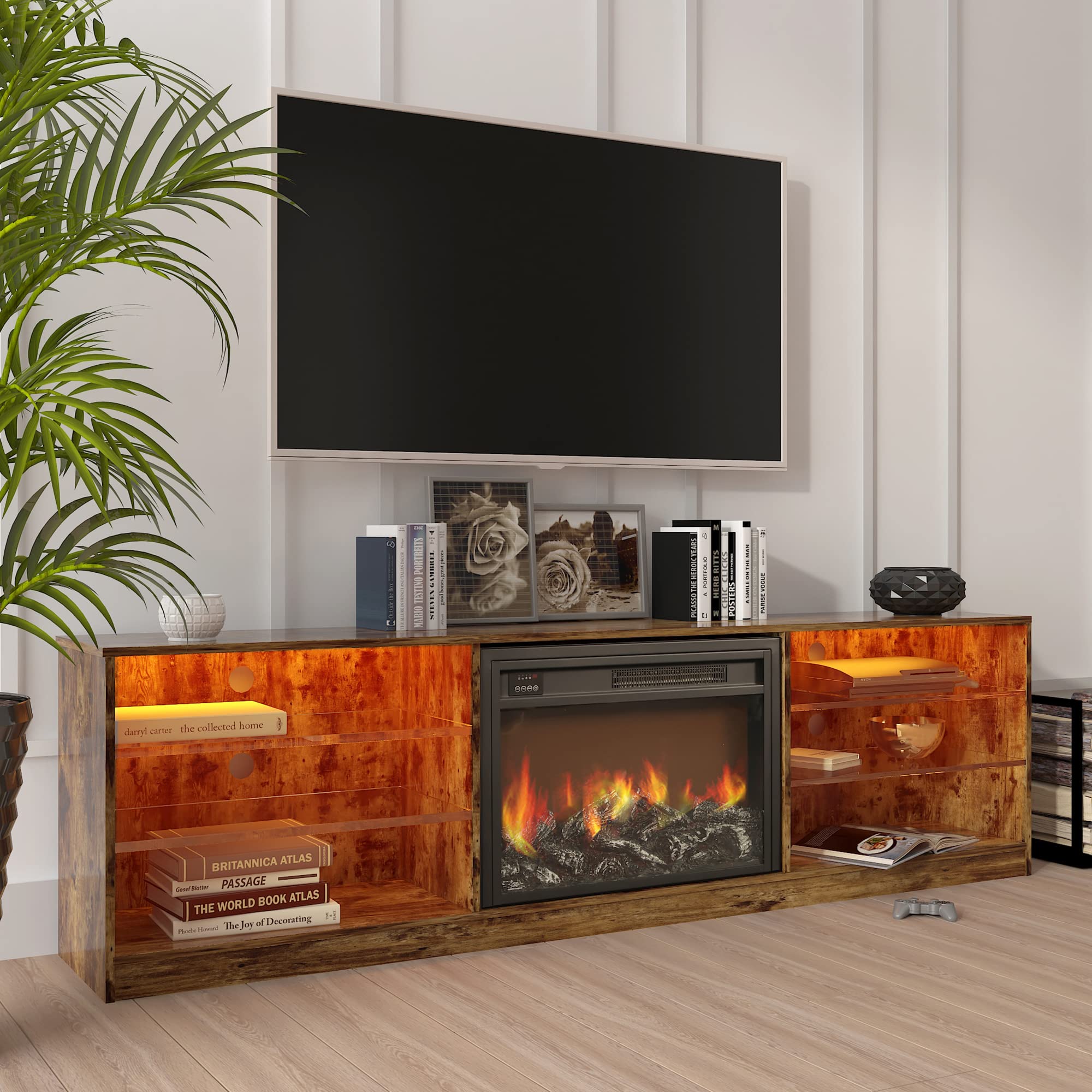 JOYSOURCE Fireplace TV Stand for up to 85 Inch TV Wood LED