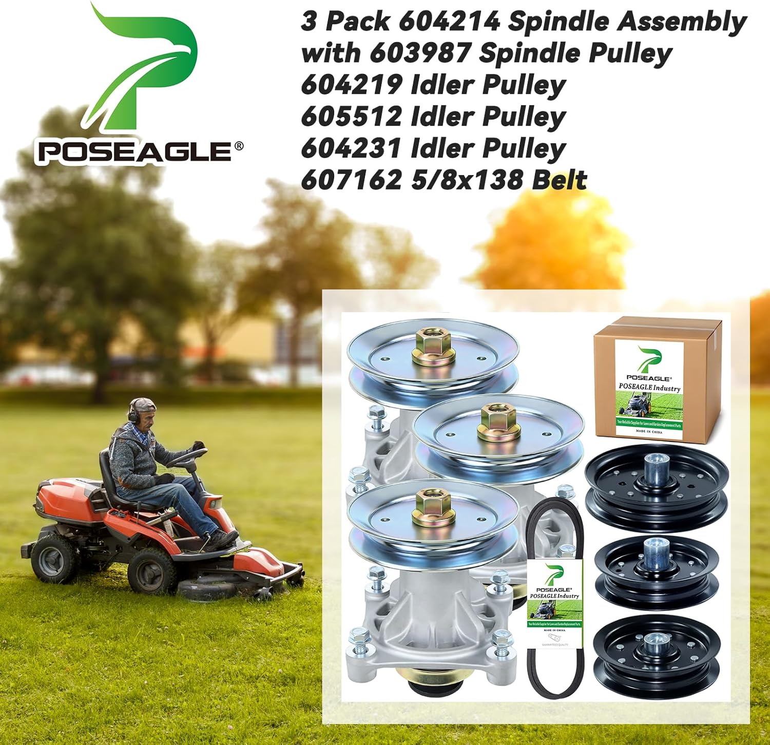 3 Pack 604214 Spindle Assembly with 603988 Spindle Pulley 604219 604231 605512 Idler Pulley 607162 Belt Replace Hustler 604214 Spindle Assembly, Hustler Raptor 52 inch Deck Spindle 604214