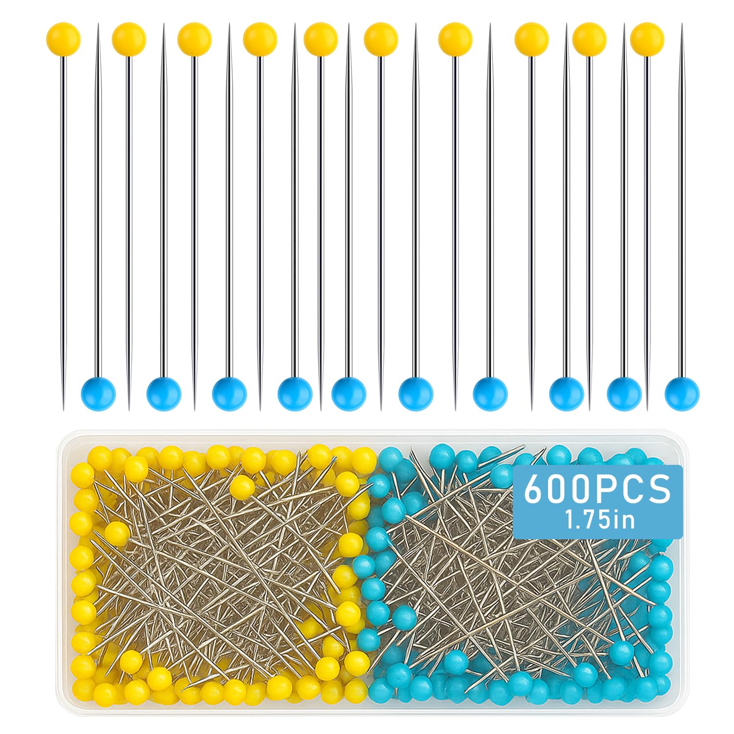600 PCS Straight Pins,1.75IN Quilting Pins Long,Yellow and Blue Glass Head Sewing Pins for Fabric,Stainless Steel Dressmaker for Sewing, Crafts, Jewelry Making, DIY