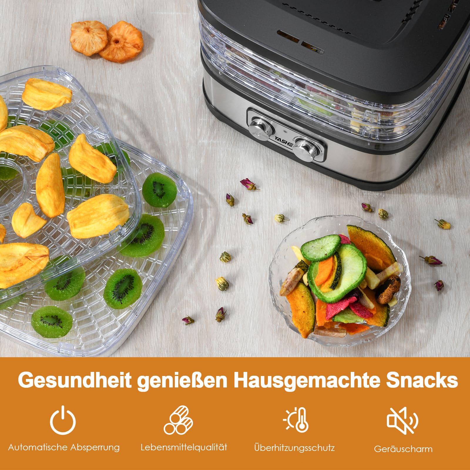 YASHE GGJ-261A Dörrautomat mit 5 höhenverstellbaren Tabletts, Temperaturregelung von 35-70°C, 240 Watt Dörrgerät für Obst und Gemüse, BPA-frei, Silber, Klar, Schwarz