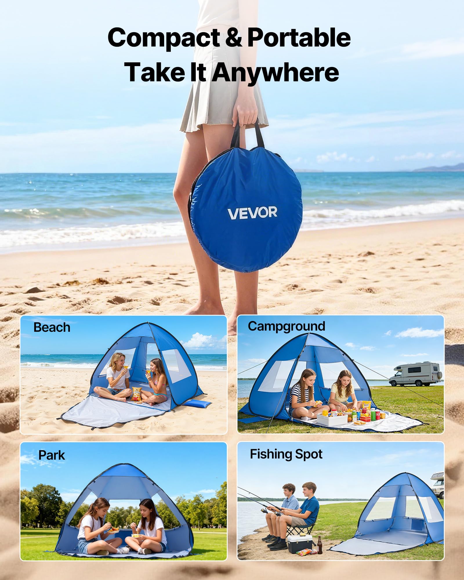 VEVOR Tenda da Spiaggia Parasole per Mare per 2 Persone, Portatile con Borsa per il Trasporto e Pali in Metallo, Ombrellone da Spiaggia Compatto per Campeggio, Pesca, Picnic, Tenda da Sole