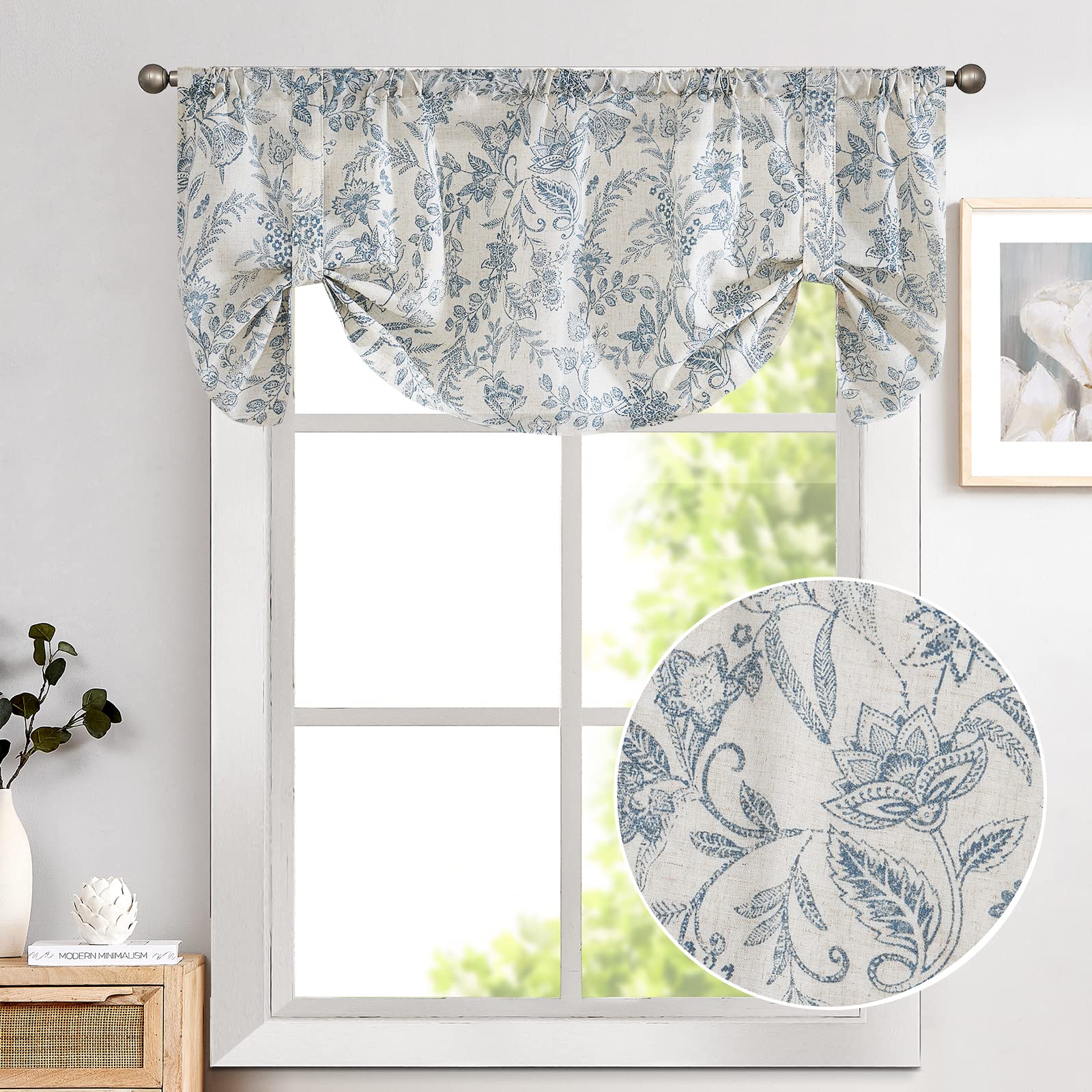 Lazzzy Kitchen Tie Up Valance Curtain Linen Floral Farmhouse Valance for Living Room Bathroom Bedroom Country Valances Window Treatments Small Cafe Curtian 20 Inch Rod Pocket 1 Panel Blue on Beige