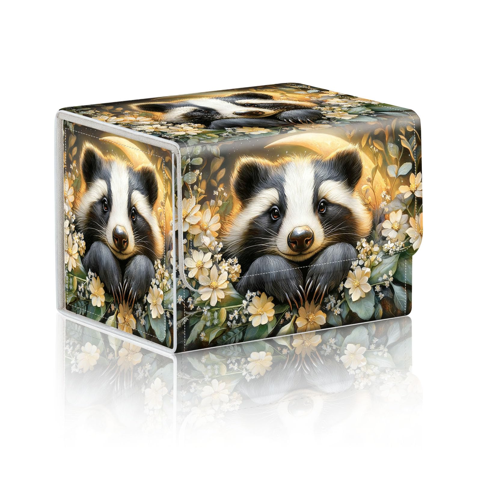 DISUOFEART Trading Card Storage Box, Holds 100+ for MTG Cards, PU Leather with Magnetic Closure, Badger with Flowers at Night Durable Deck Box for Magic the Gathering, Trading Card Games