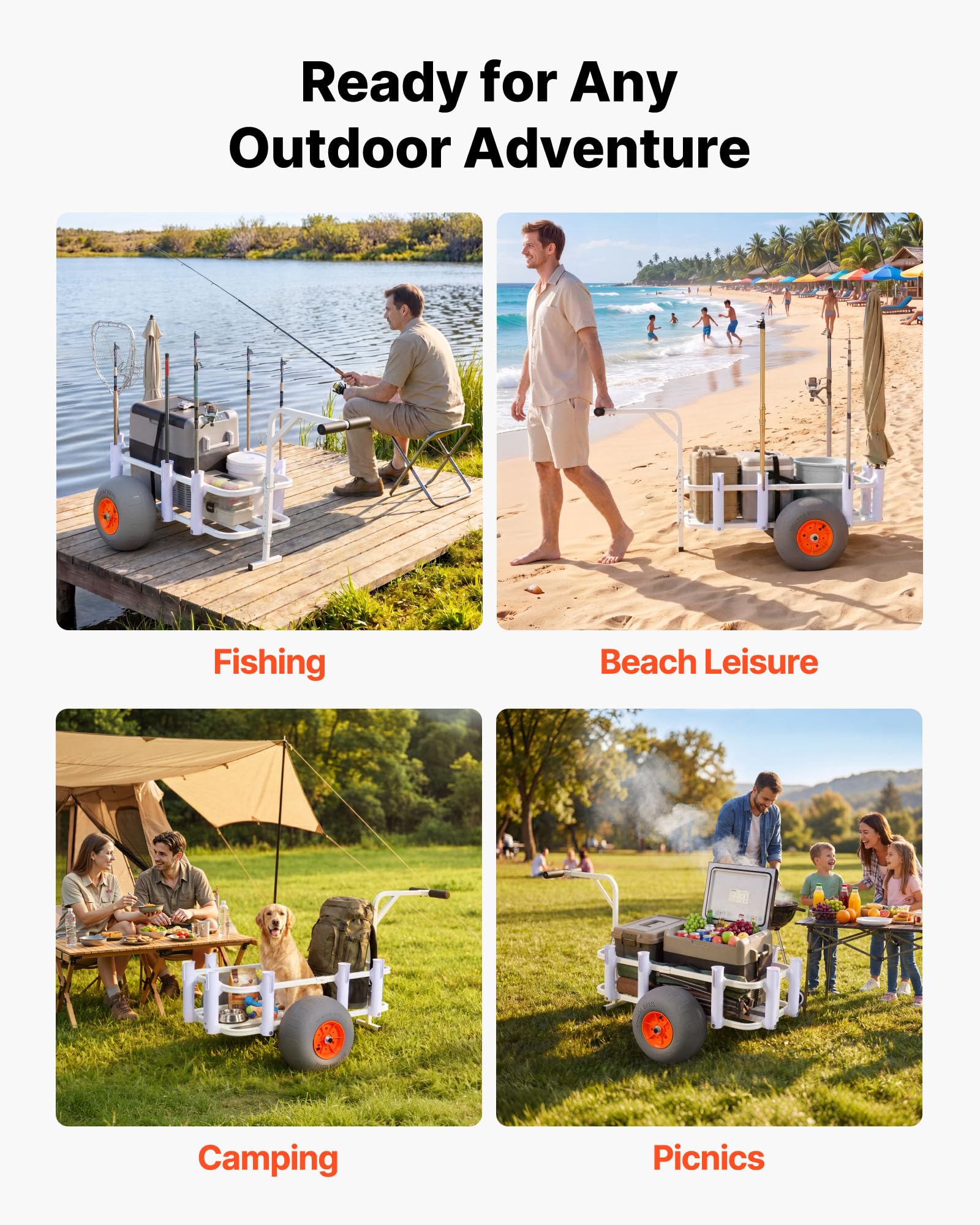 VEVOR Carrello da Pesca da Spiaggia, Capacità di Carico 136 kg, Carrello da Pesca Smontabile, Telaio in Lega di Alluminio, Ruote da 33 cm, 8 Portacanne, Facile da Pulire, per Attività Outdoor, Picnic