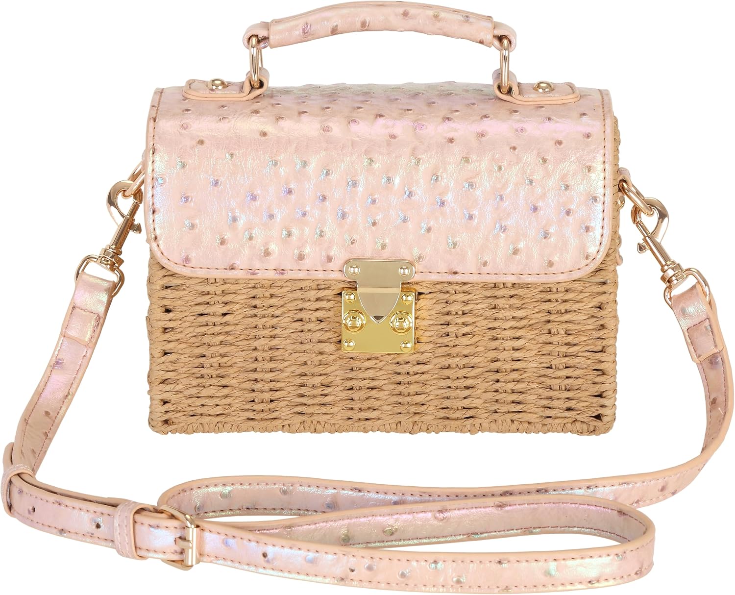 Women's Straw Bag Handmade - Vegan Leather Top-handle Handbags, with Gold and Crocodile Embossed, Summer Purse