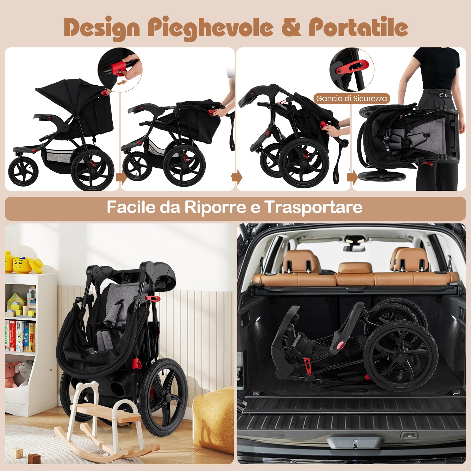 COSTWAY Passeggino Leggero a 3 Ruote, Passeggino Pieghevole con Cappotta Estensibile, Schienale Reclinabile e Portabicchieri, Carrozzina da Jogging per Bambini 0-48 Mesi fina a 22 KG