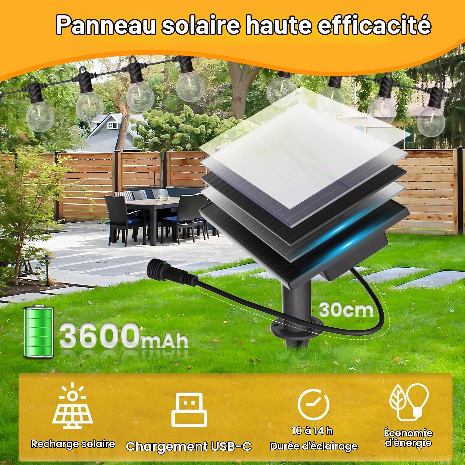 ZOTOYI 15M Guirlande Solaire Extérieur Guirlande Lumineuse Extérieure Solaire IP65 avec 20+2 Ampoule en Plastique LED, Guirlande Guinguette Solaire 4 Modes pour Jardin Fête Patio Partie Festival 2200K