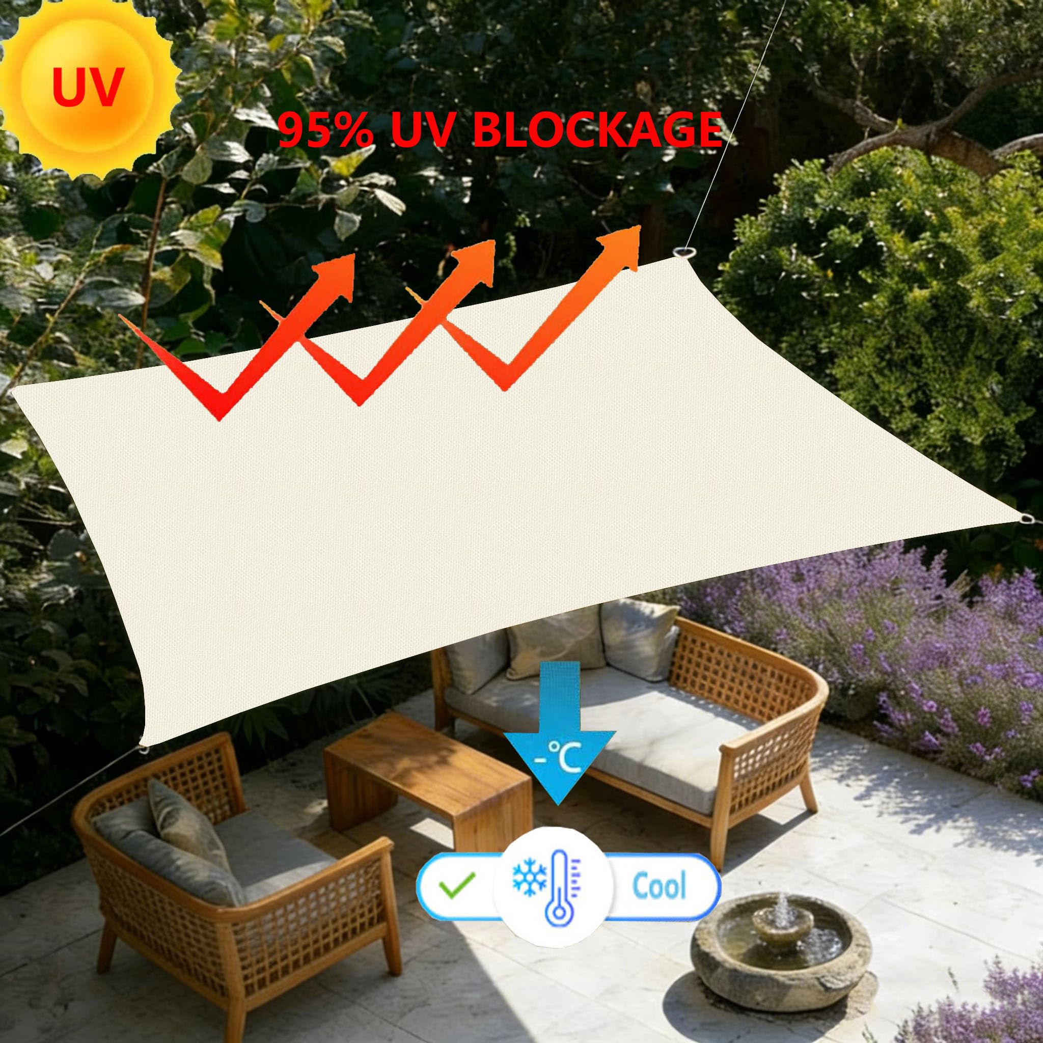 Telo Ombreggiante Rectangular 2x3M Tenda a Vela Impermeabile Vela ombreggiante Parasole Protezione Raggi UV Vela Ombreggiante per Terrazza Piscina Campeggio Posto Auto Coperto Crema