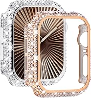 Vista 12 de NewWays Paquete de 2 carcasas con diamantes brillantes para Apple Watch de 1.772 pulgadas para mujer, parachoques protector con diamantes totalmente