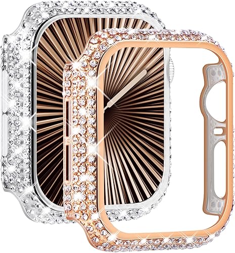 Miniatura 12 de NewWays Paquete de 2 carcasas con diamantes brillantes para Apple Watch de 1.772 pulgadas para mujer, parachoques protector con diamantes totalmente