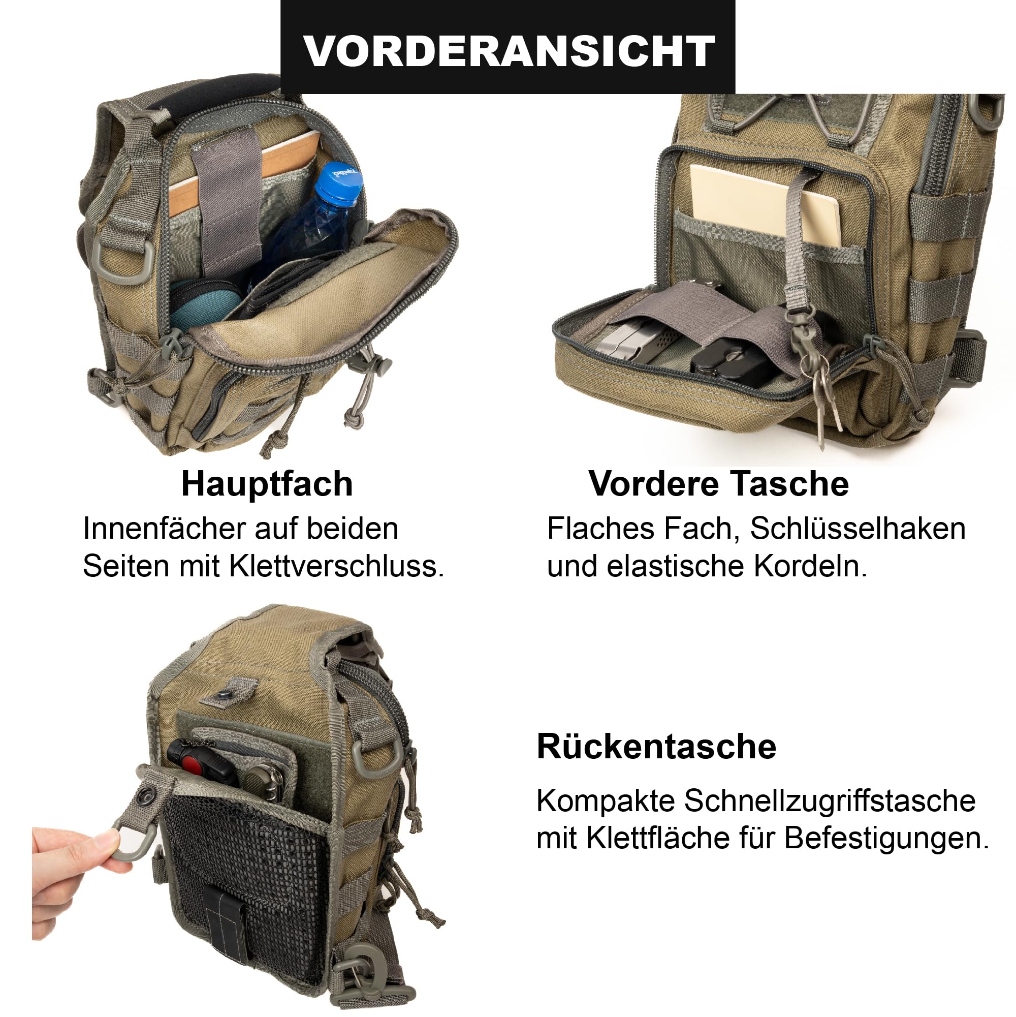 MAGFORCE Taktische Sling Bag „Hamburger Bag“ – Kompakte Schulter- und Brusttasche mit Molle-System, Leichtes Nylon, Große Kapazität, Mehrere Fächer, mit Tragegurt Khaki-Laub, Größe S – 1050D