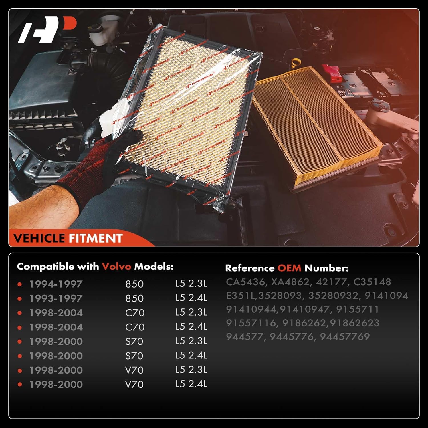 A-Premium 2-PC Engine Air Filter Compatible with Volvo C70 1998-2004, S70 1998-2000, V70 1998-2000, 850 1993-1997, 2.3L 2.4L, Replace# 9445776, 94457769