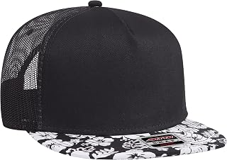 OTTO Hawaiian Pattern Flat Visor SNAP 5 Panel Mesh Back Trucker Snapback - Design002/Blk/Blk