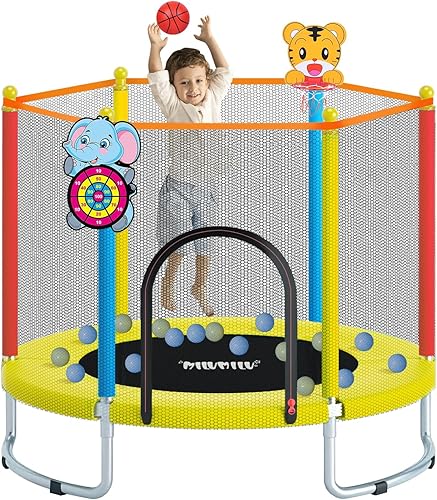 Trampolín para interiores y exteriores de 55 pulgadas para niños, cama elástica MILUMILU con red de seguridad, mini trampolín para bebé con aro de