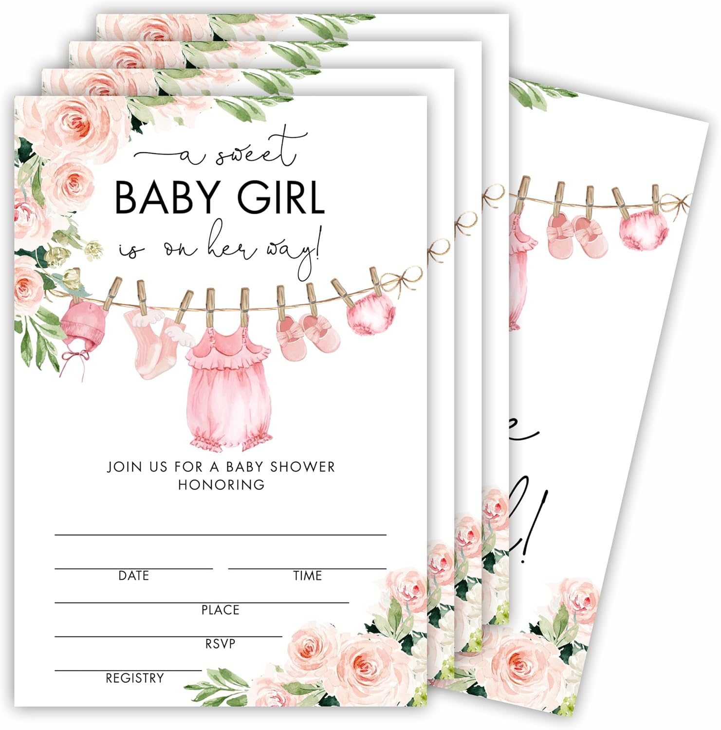 Baby Shower Invitations With Envelopes-Set Of 25 A Sweet Baby Girl Is On Her Way-Baby Girl Accessories With Pink Rose Baby Shower Invitations-Gender Reveal Baby Announcement Invites-03