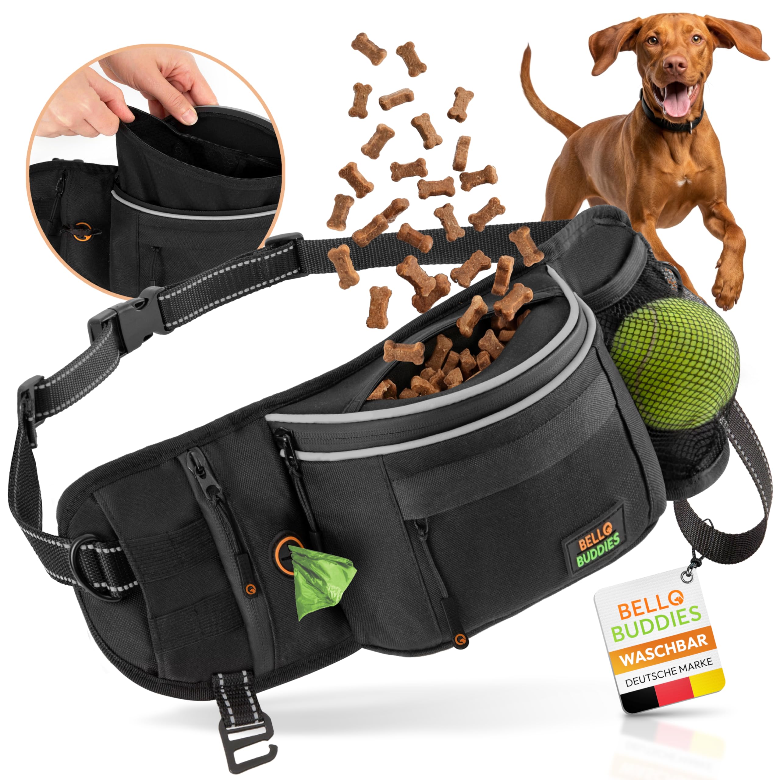 Leckerlitasche für Hunde I Bauchtasche mit Schnellzugriff inkl. wechselbarer Innentasche & Leinenhalter I Futterbeutel Hundetraining I Gassi Tasche Hund I Futterbeutel Hund Schwarz