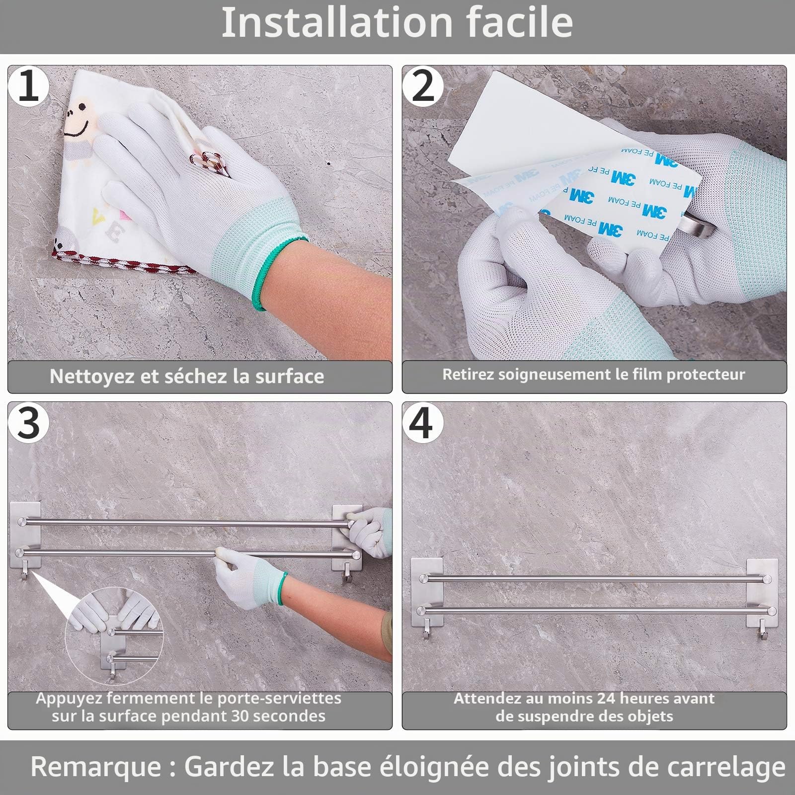 JS Porte Serviette Salle de Bain sans Percage Barre Porte-Serviettes en Acier Inoxydable brossé Autocollant Double avec 2 Crochets de Serviette Mural pour Salle de Bain Cuisine