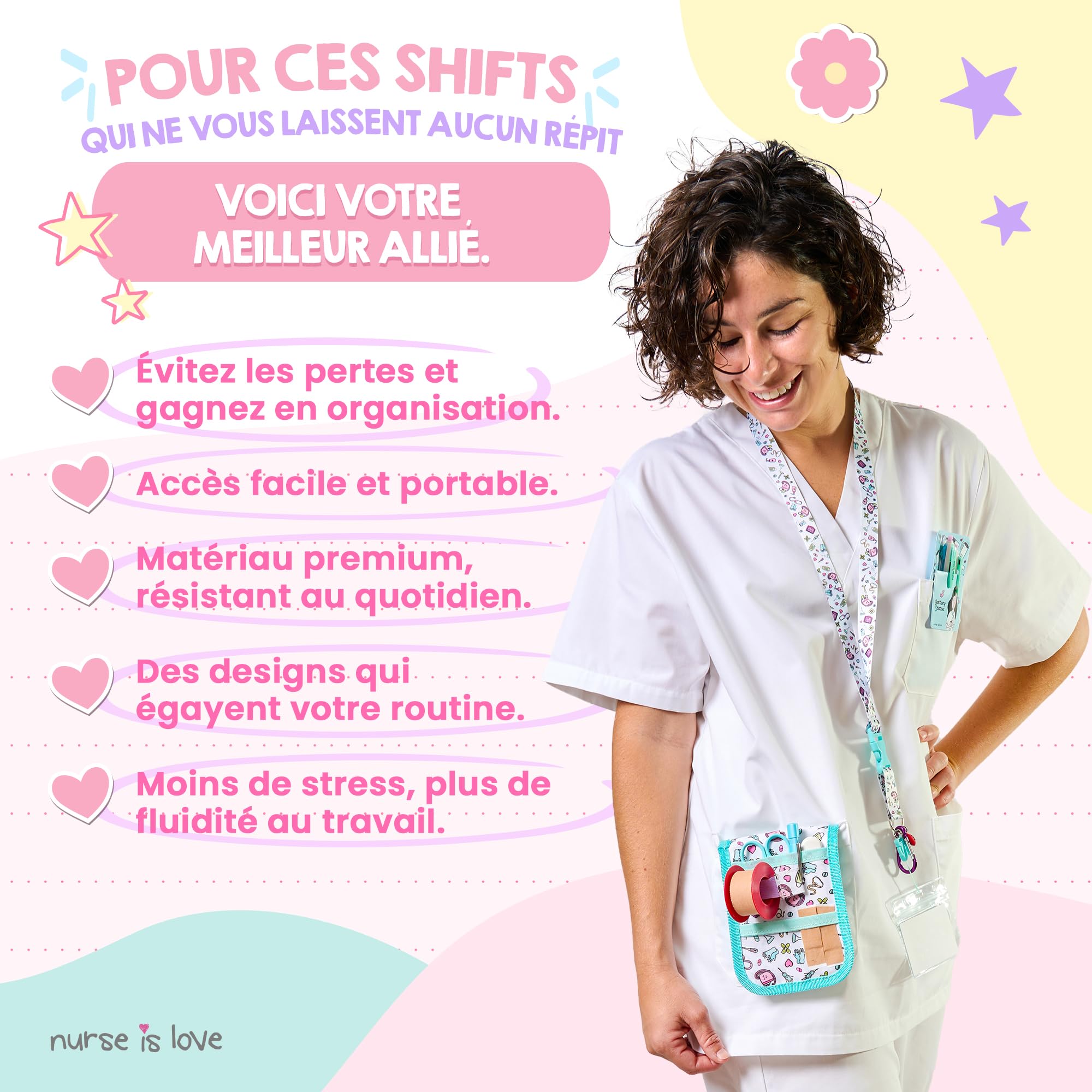 Nurse is Love Cadeau Infirmiere Set De 5 Pcs. | Tour De Cou Badge - Porte-Badge + Ciseaux + 2 Pochette Infirmiere avec 2 Stylo Personnalisé Multi-Encre + Porte-Ciseaux | Infirmiere Accessoires & AS
