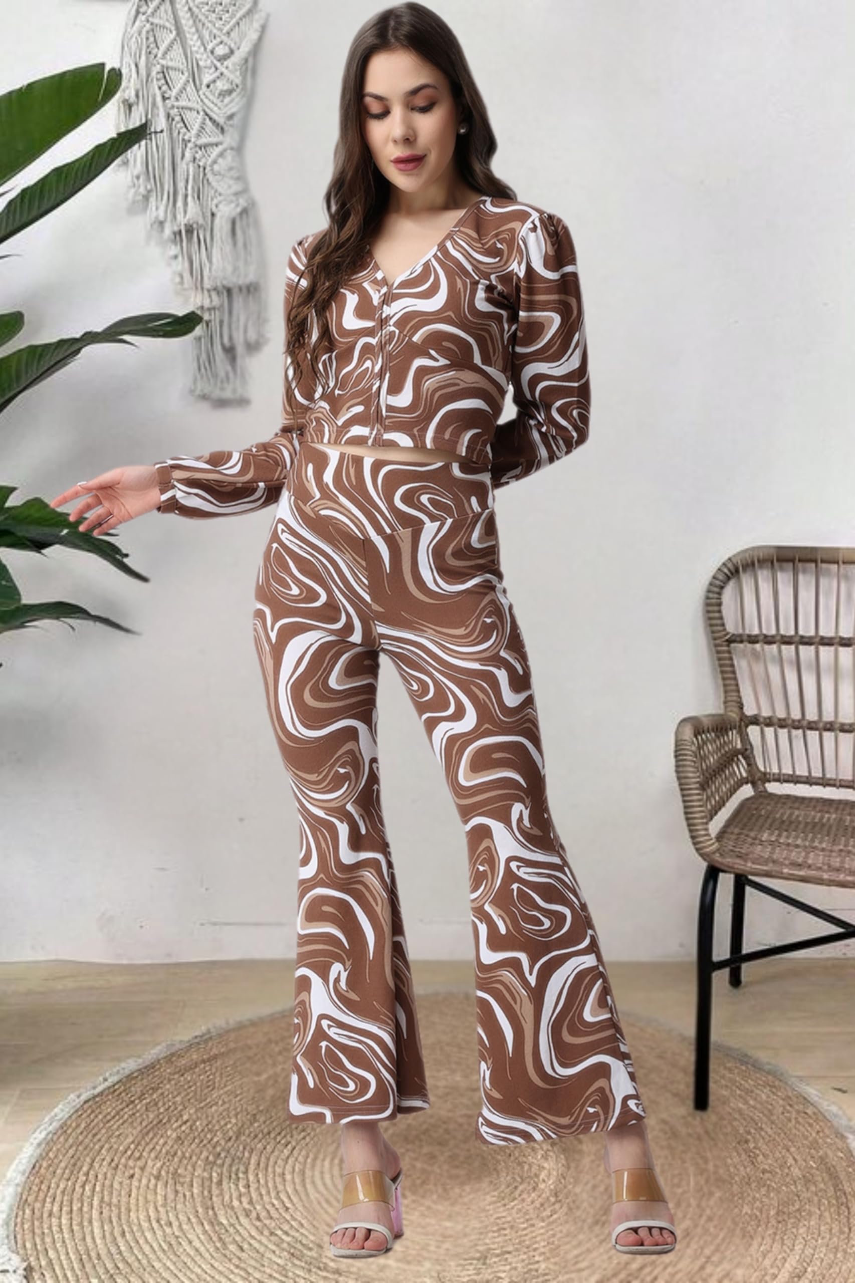 Popwings Casual Brown Marble Printed Crop Top And Trouser Co-Ord Set For Women || Co-Ords Set For Women Stylish Western || Full Sleeves V-Neck Crop Top And Bootcut Trouser Dress Set For Women