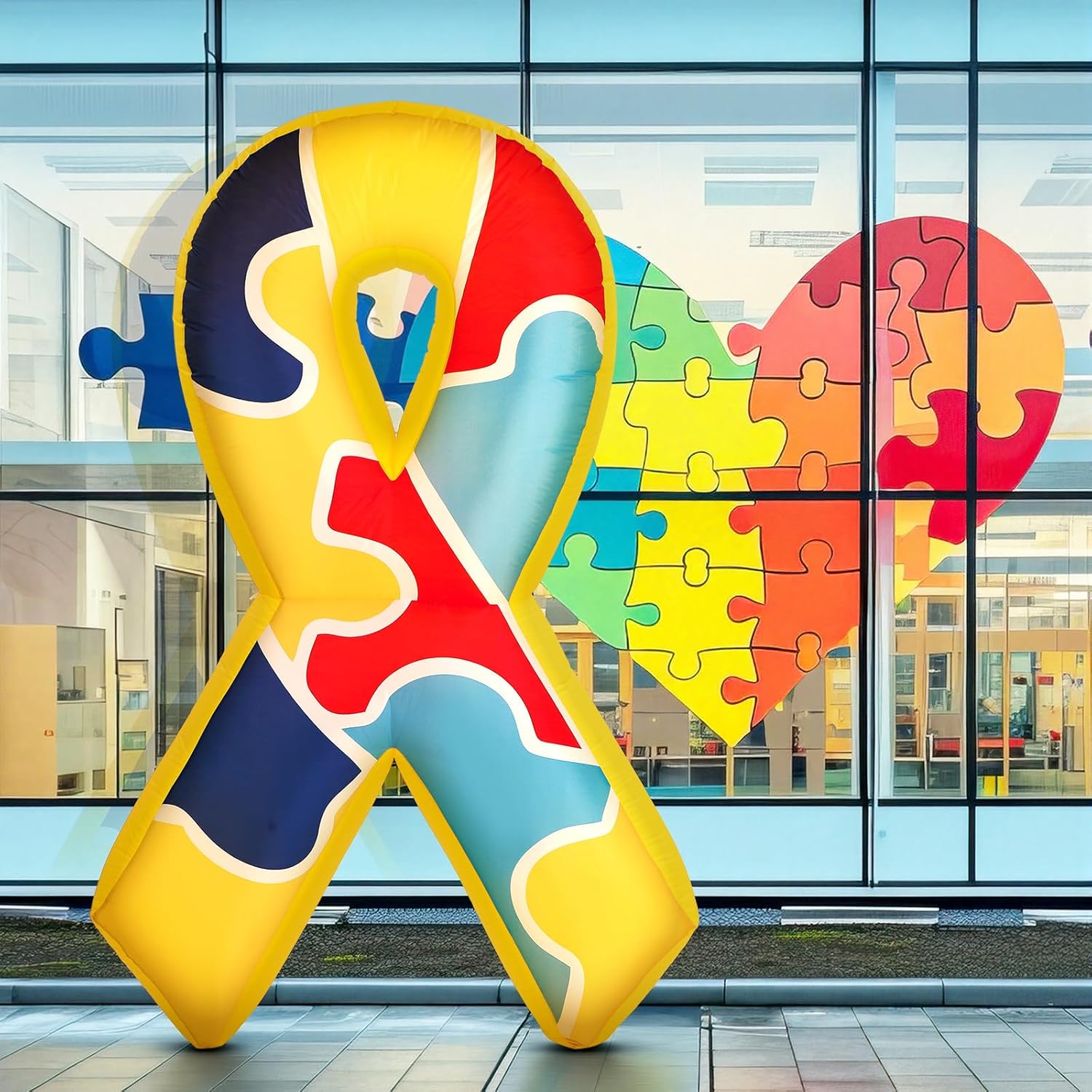 6ft Autism Awareness Inflatable Colorful Puzzle Pieces Ribbon Outdoor Decoration Blow up Autism Awareness Month Yard Decoration with LED Lights Blower Yard Sign for Event Supply Lawn