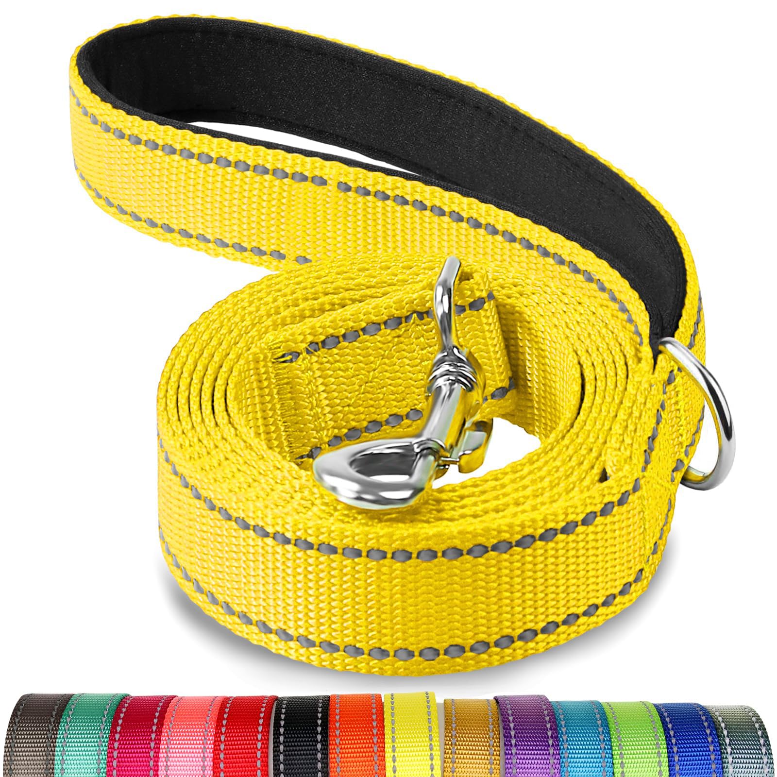 Joytale Double-Sided Reflective Dog Leash, 6 FT/5 FT/4 FT, Padded Handle Nylon Heavy Duty Leashes for Medium & Large Dogs Walking, Yellow, 5FT