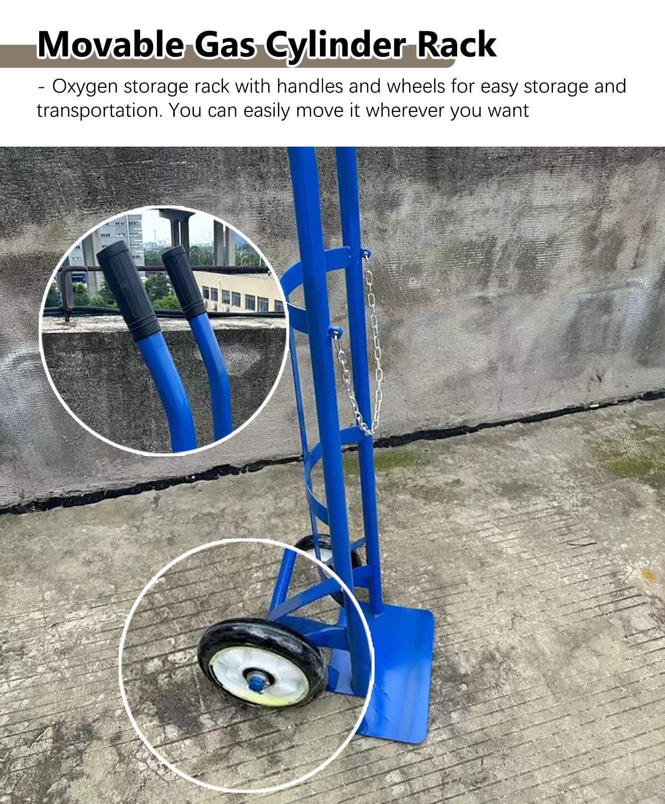 Portabotellas de Oxígeno Carrito de Transporte para Tanque de Oxígeno de 2 Ruedas con Asa, Carrito Resistente para un Solo Cilindro de Oxígeno/ gas, Camión con Soporte para Botella de Oxígeno para Fáb