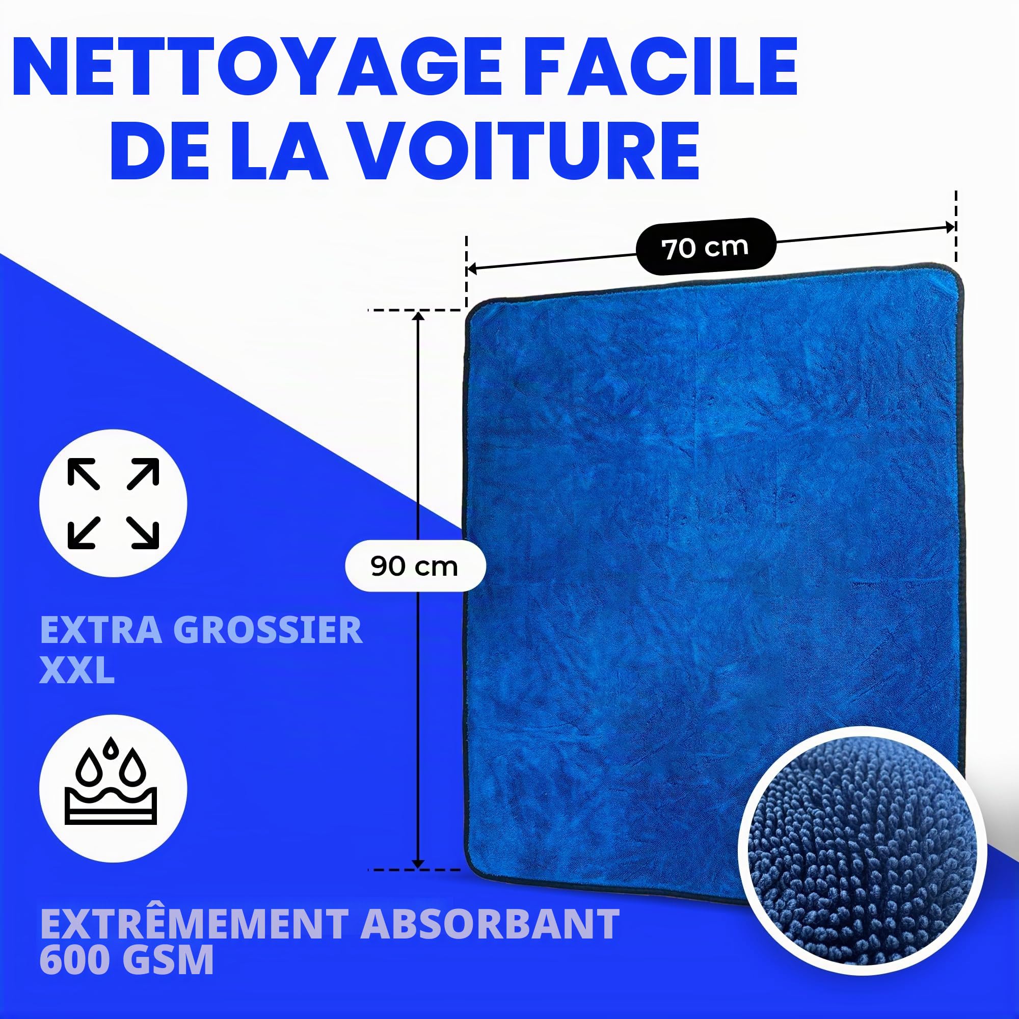 Serviette de Séchage pour Voiture XXL 70 x 90 cm Ultra Absorbante 600 GSM