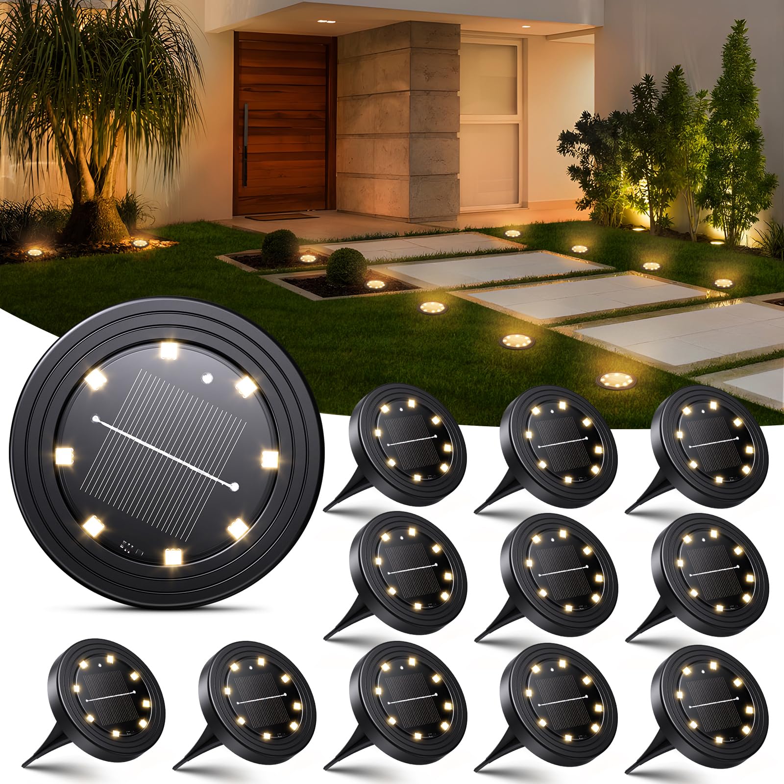 NIBSHOOM 12 Stück Solar Bodenleuchten Aussen, 8 LED Solarleuchten Garten IP68 Wasserdicht, Gartenbeleuchtung Solar Lange Lebensdauer, Solarlampen für außen Garten Rasen Patio Auffahrt, Warmweiß