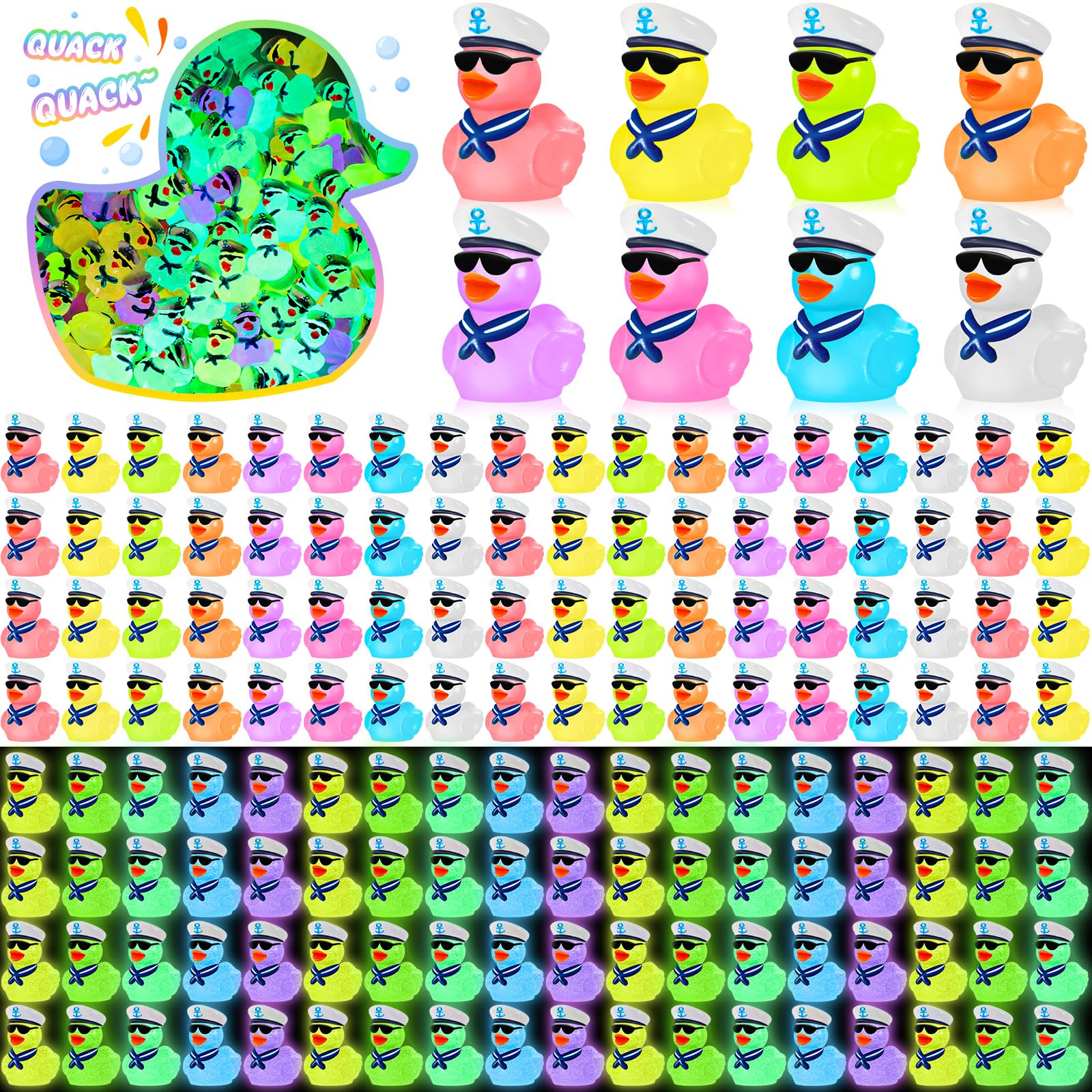 RoundFunny 250 Pcs Mini Luminous Resin Sailor Cruise Ducks Glow in The Dark Tiny Cruise Duck for Hiding with Hat Miniature Figurines for Hide and Seek
