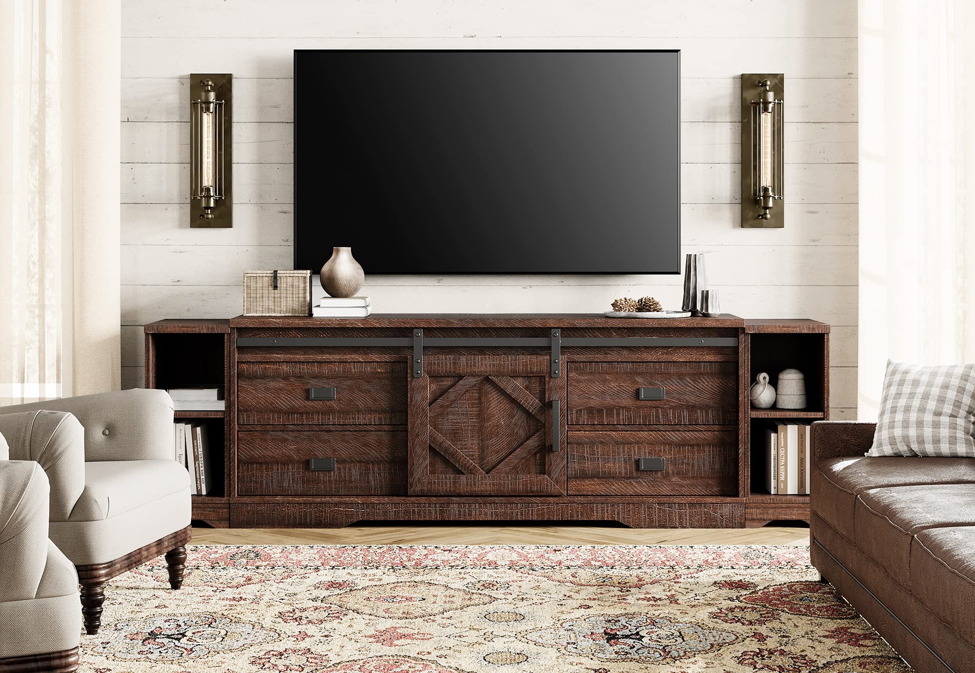 WAMPAT 3-in-1 85“ Modern Farmhouse TV Stand, Wood Entertainment Center with Drawers and Open Storage for Living Room, Rustic Brown