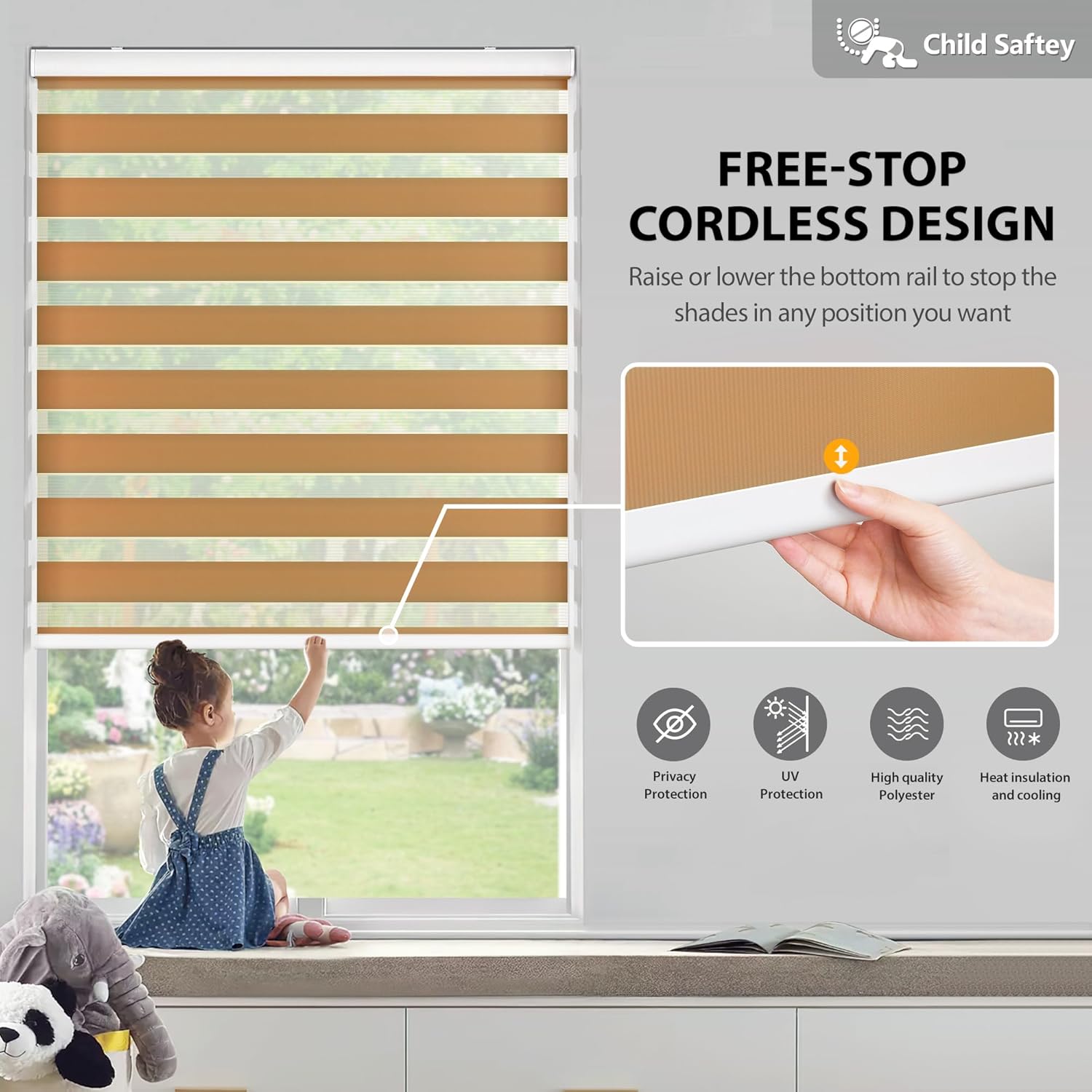 LazBlinds Cordless Dual Layer Zebra Blinds for Windows, Light Filtering Privacy Roller Shades with Cassette, Light Control Day and Night Sheer Shades for Indoor Windows, 34 1/2" W x 72" H, Brown