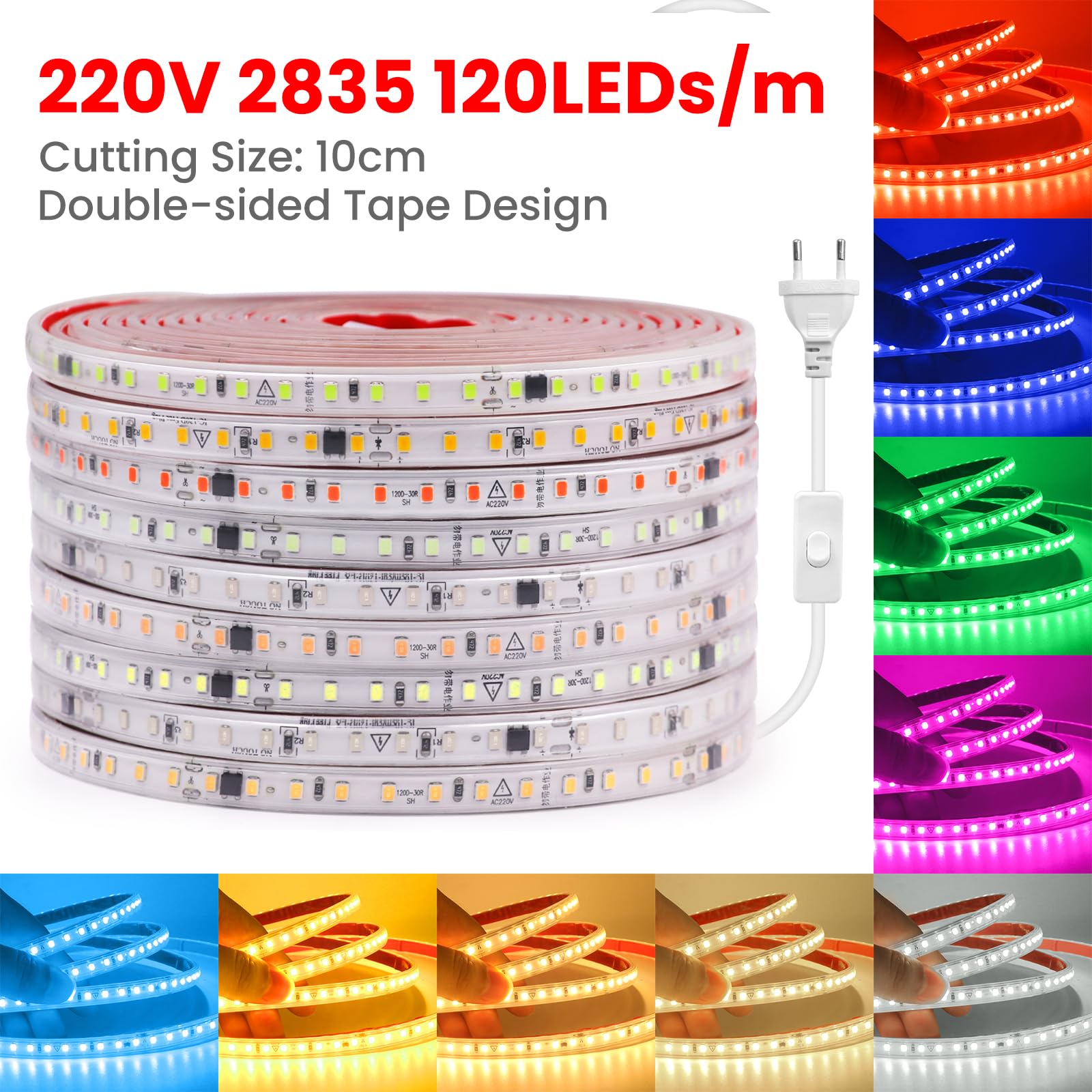 220V Tira LED con On/Off [50m,Amarillo],IP65 Estanco Flexible,Tira de Luz LED Recortable CRI85+,Iluminación decorativa hogar/tienda