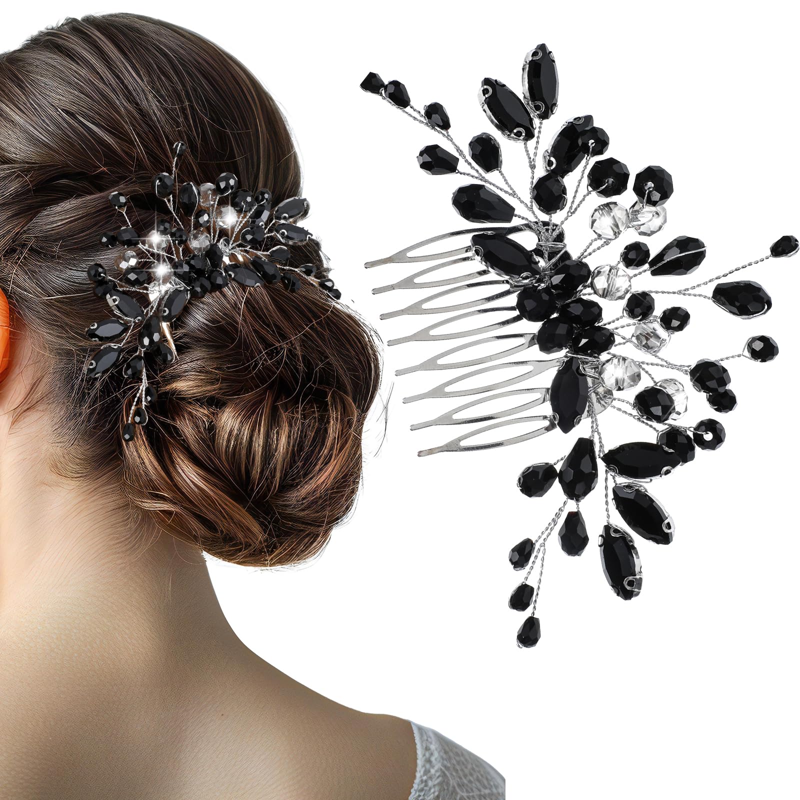 Black Teardrop Rhinestone Hair Side Comb, Vintage Rhinestone Side Comb Black Bridal Wedding Headpiece Teardrop Crystal Headpieces Side Comb Flower Headband Bridal Hair Accessory for Women